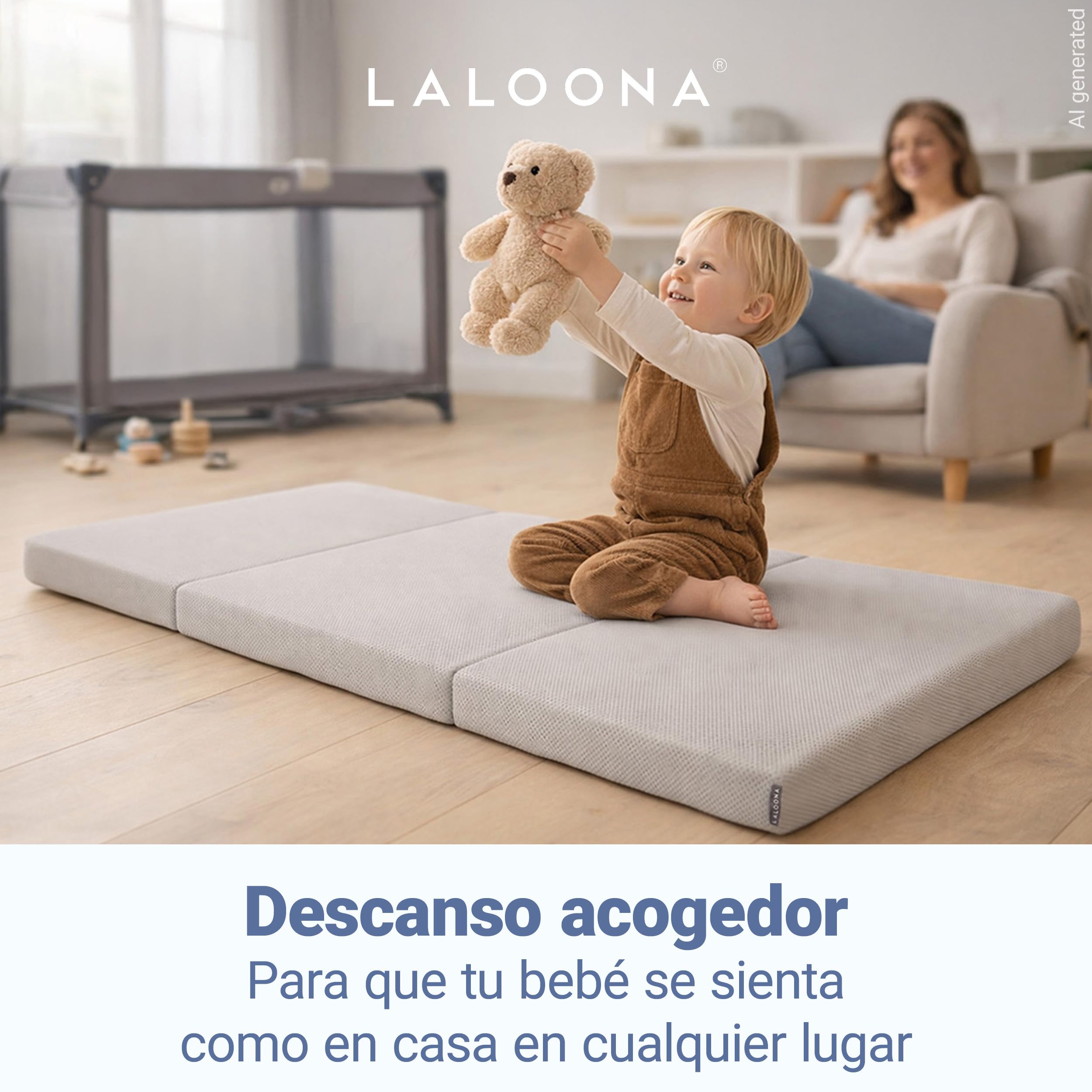 LaLoona Colchon Cuna 60x120 cm de Viaje Portátil | Apto para Parque Infantil - 5 cm Grosor – Plegable con Funda Extraíble - Bolsa de Transporte - Transpirable - Lavable - Certificado Oeko-Tex - Gris