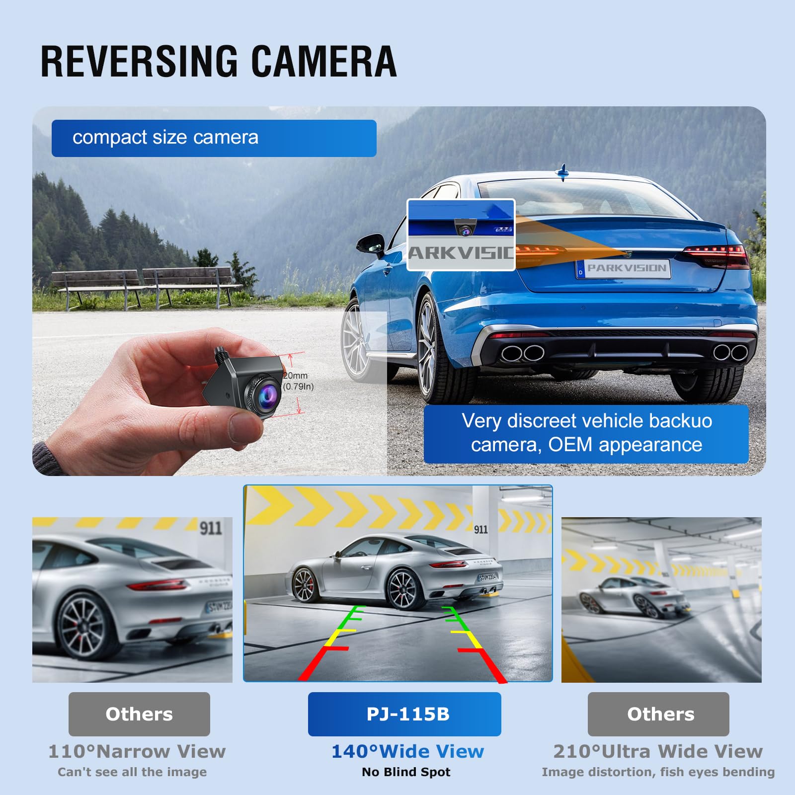 PARKVISION Telecamera per retromarcia per auto, SUV, camper, roulotte, furgone, pick-up, alloggiamento in metallo Telecamera posteriore regolabile con ampio angolo di visione di 140 °