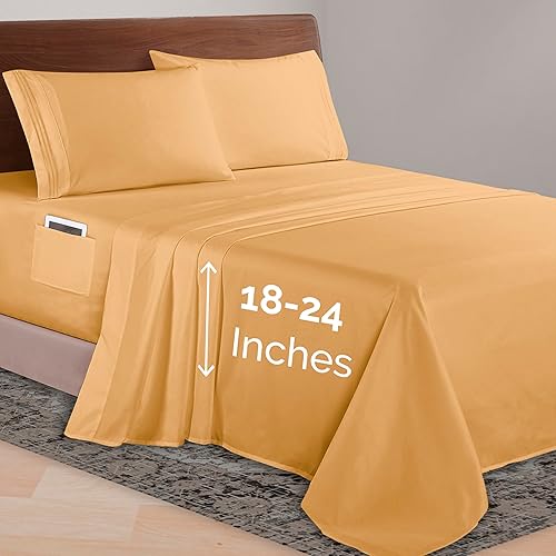Elegant Comfort Luxurious 1500 Premium Hotel Quality Microfiber 4-Piece Sheet Set, 18-24 Inches Deep - Extra Deep Pocket Sheets - Ultra Soft 4PC Deep Pocket Sheets, Queen, Camel-Gold