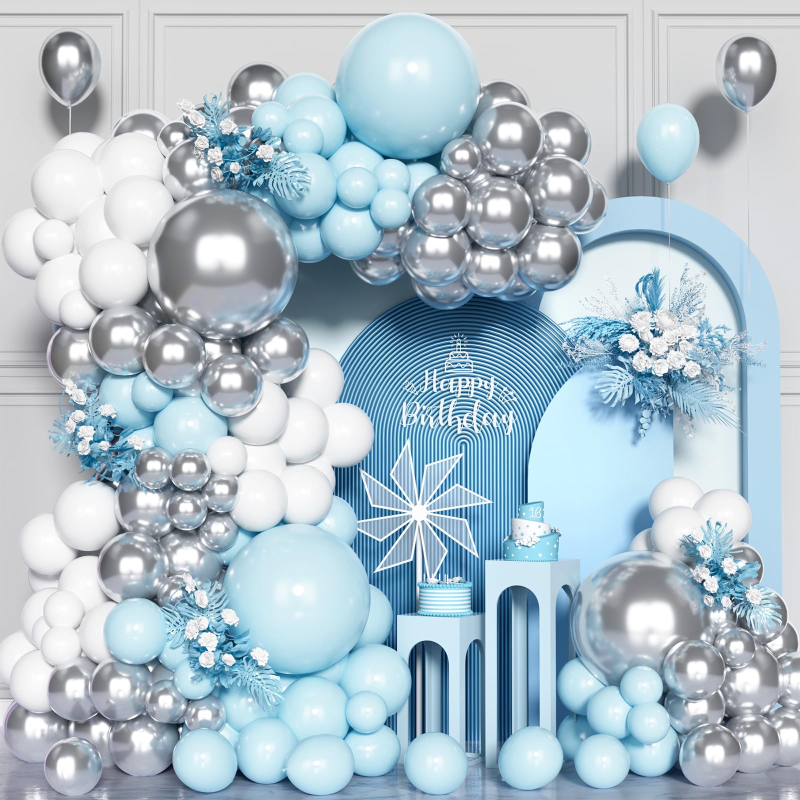 137Pcs Blue Silver White Balloon Arch Kit, Pastel Blue Metallic Silver White Balloons Garland Kit for Birthday Bridal Baby Shower Congratulations Wedding Anniversary Party Decorations Supplies