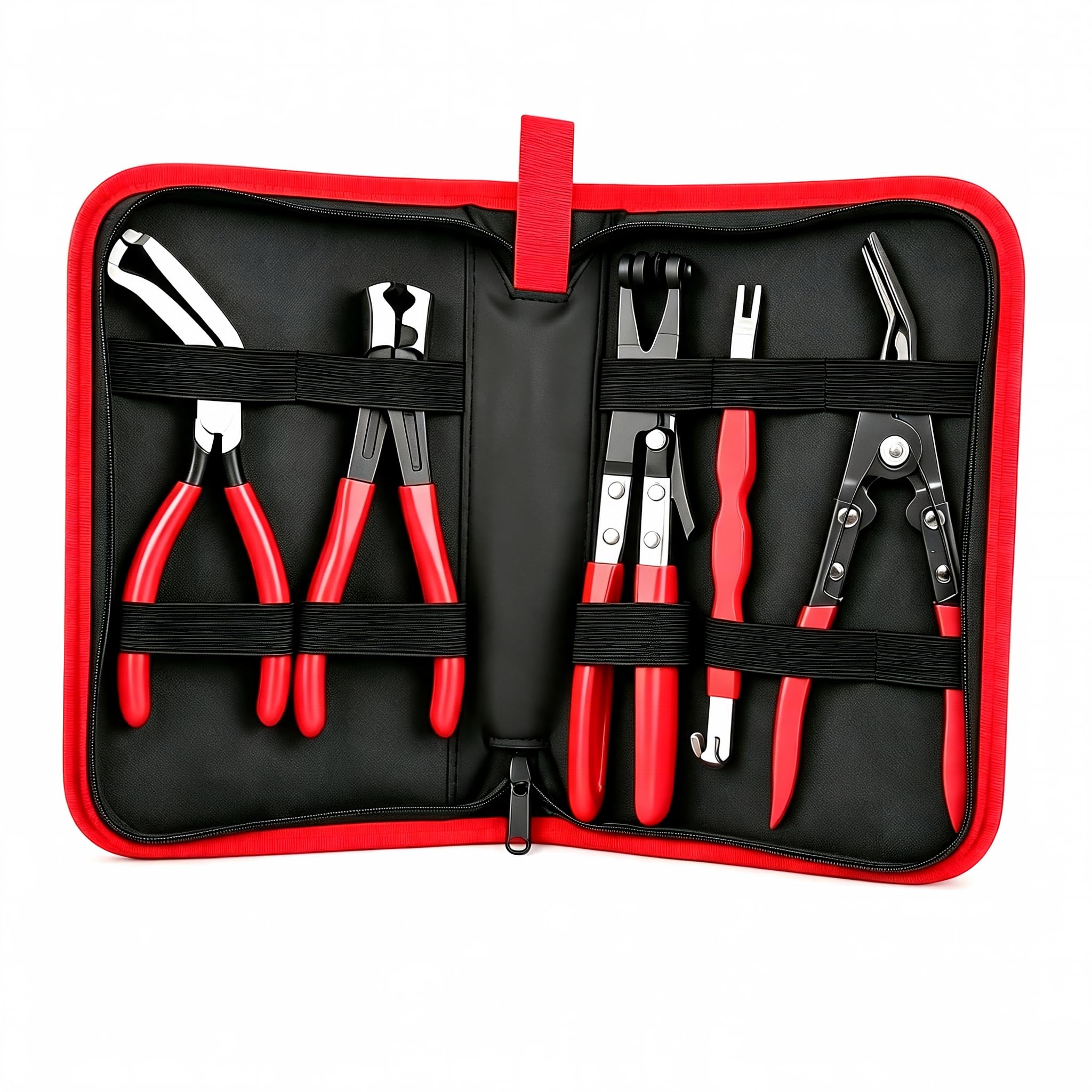 Kit de 5 alicates de desconexión eléctrica automotriz con estuche de almacenamiento de cuero, separador de conectores de acero de alto carbono, abrazadera de manguera y herramientas de extracción de