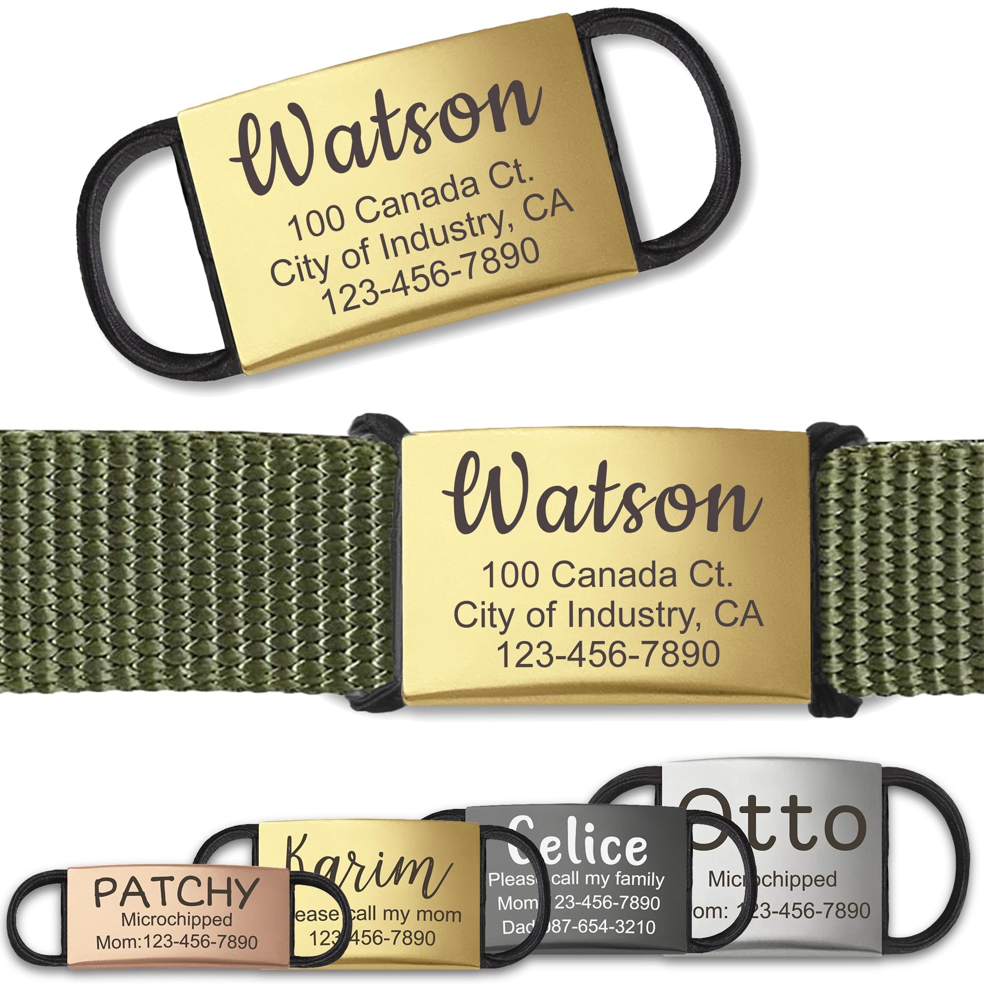 Anavia Slide On Silent Pet ID Tags, S/M/L/XL Personalized Stainless Steel Cat Dog Tag with Elastic Fabric Band, Engraved Nameplate Quiet Chew-Proof Pet Collar Tag (Gold, Large)