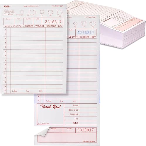 FMP Brands 2 blocs de cheques de invitados sin carbono, bloc de notas perforado para servidor, total de 250 hojas para libro de camarera, recibo de