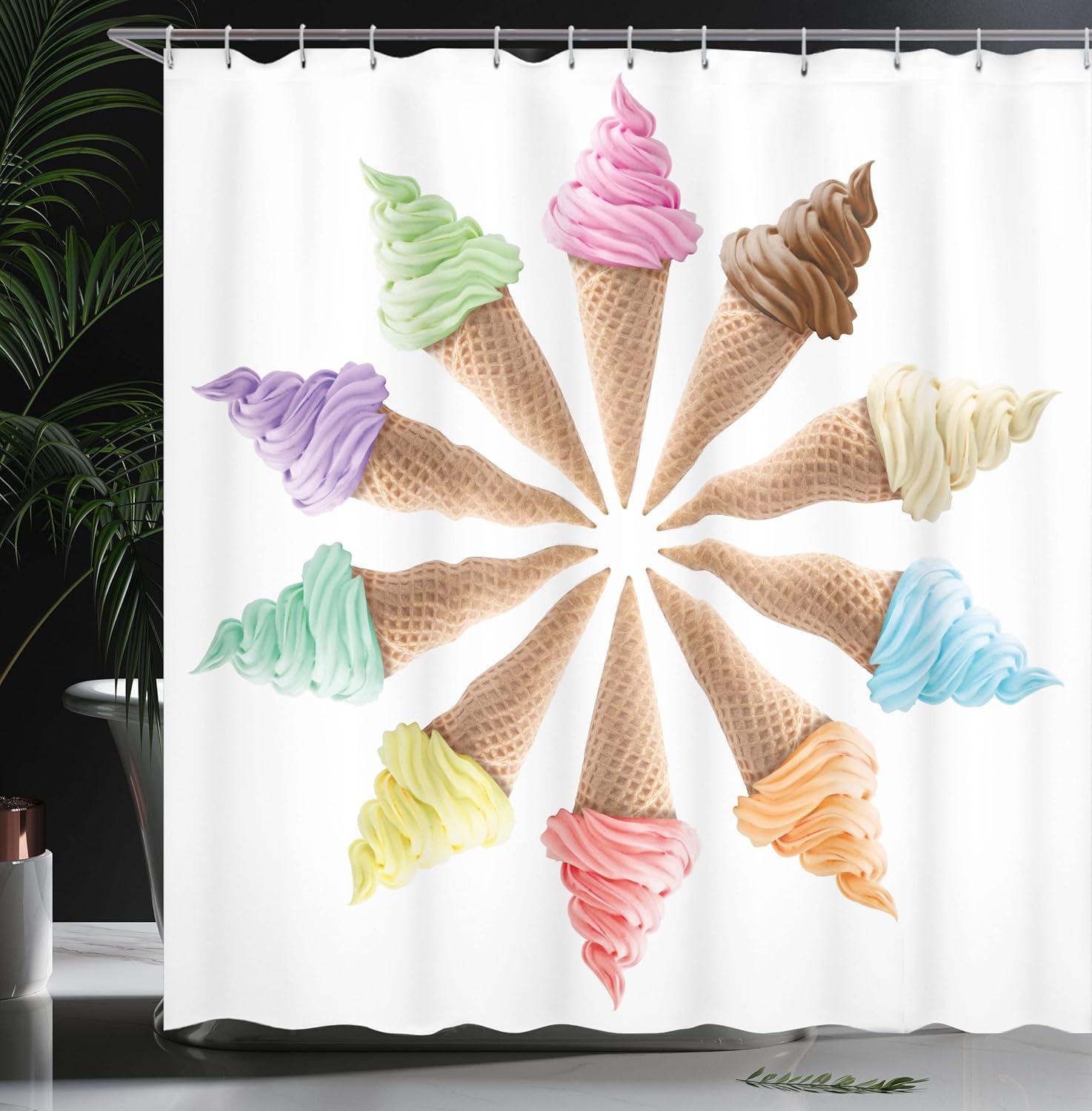 Ambesonne Ice Cream Shower Curtain, Cones with Various Flavors Forming Row Summer Season Picture Print, Cloth Fabric Bathroom Decor Set with Hooks, 69" W x 84" L, Beige Purple
