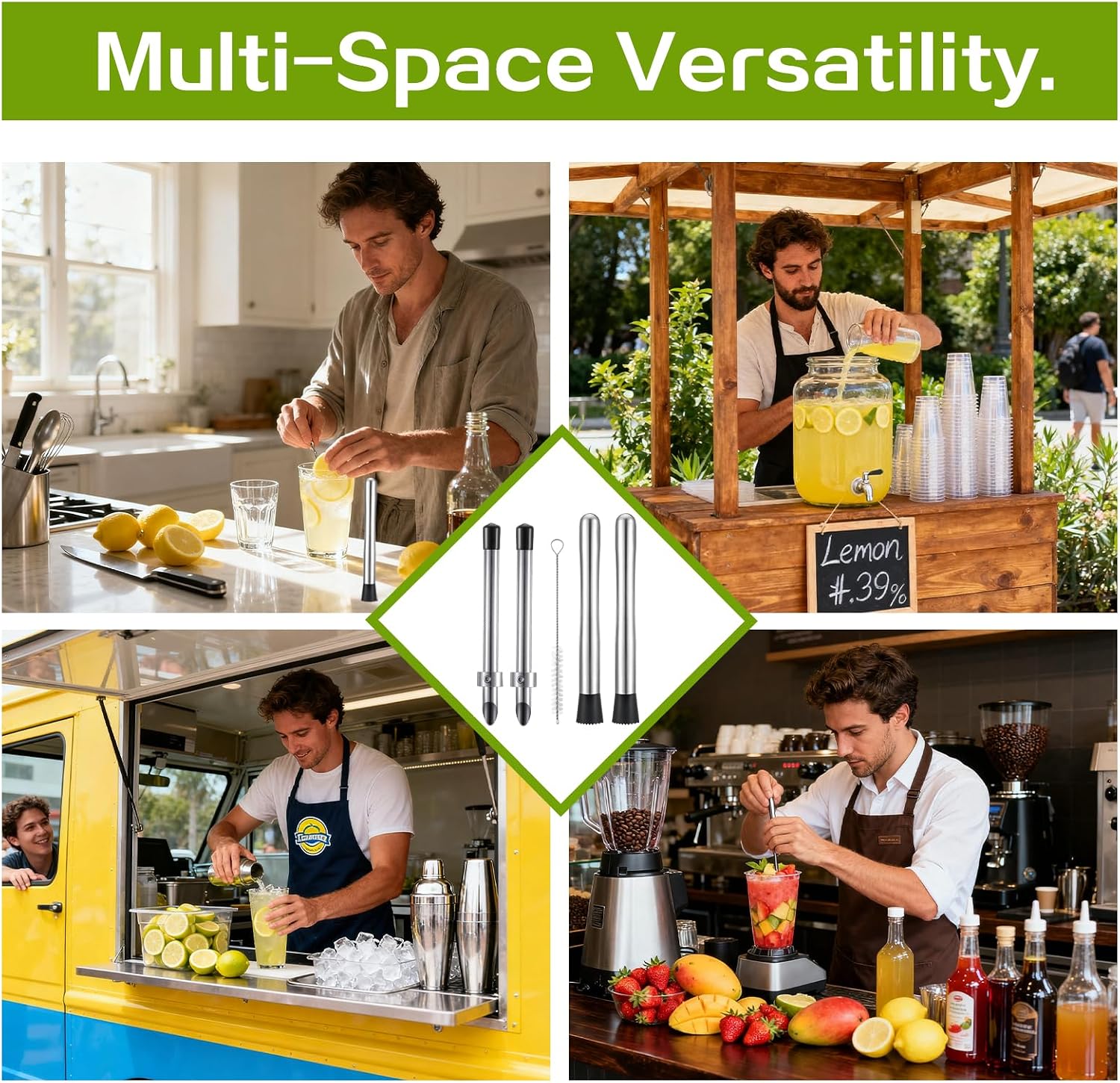 5Pcs Straw Puncher Muddler for Lemonade - 2Pcs Straw Hole Puncher & 2Pcs Drink Muddler Tool Set, Stainless Steel Fruit Smasher for Plastic Lids Lemonade Stand Supplies Cocktail Bar