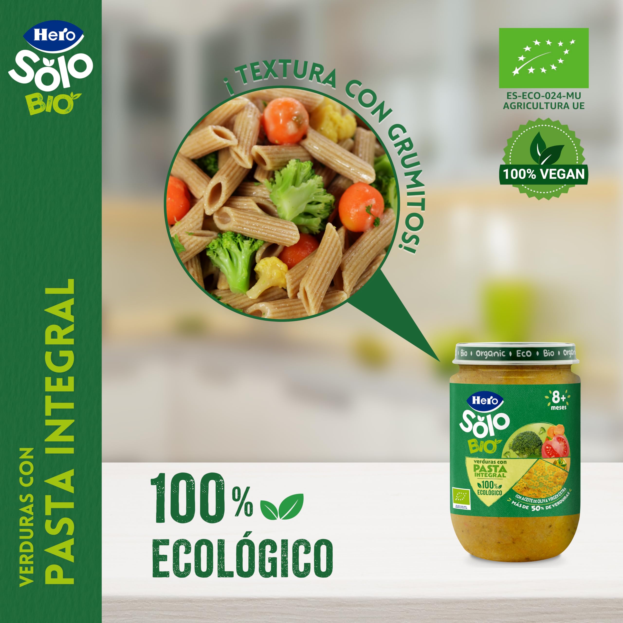 Hero Solo Potitos de Verduras con Pasta Integral 100% Eco y nada más, Apto para Veganos y Bebés Desde 6 Meses - Pack de 12 x 190 gr