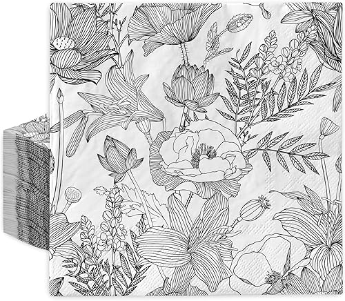 AnyDesign 80 servilletas de papel de flores blancas y negras, servilletas de almuerzo florales salvajes, patrón de dibujo de líneas, servilletas de