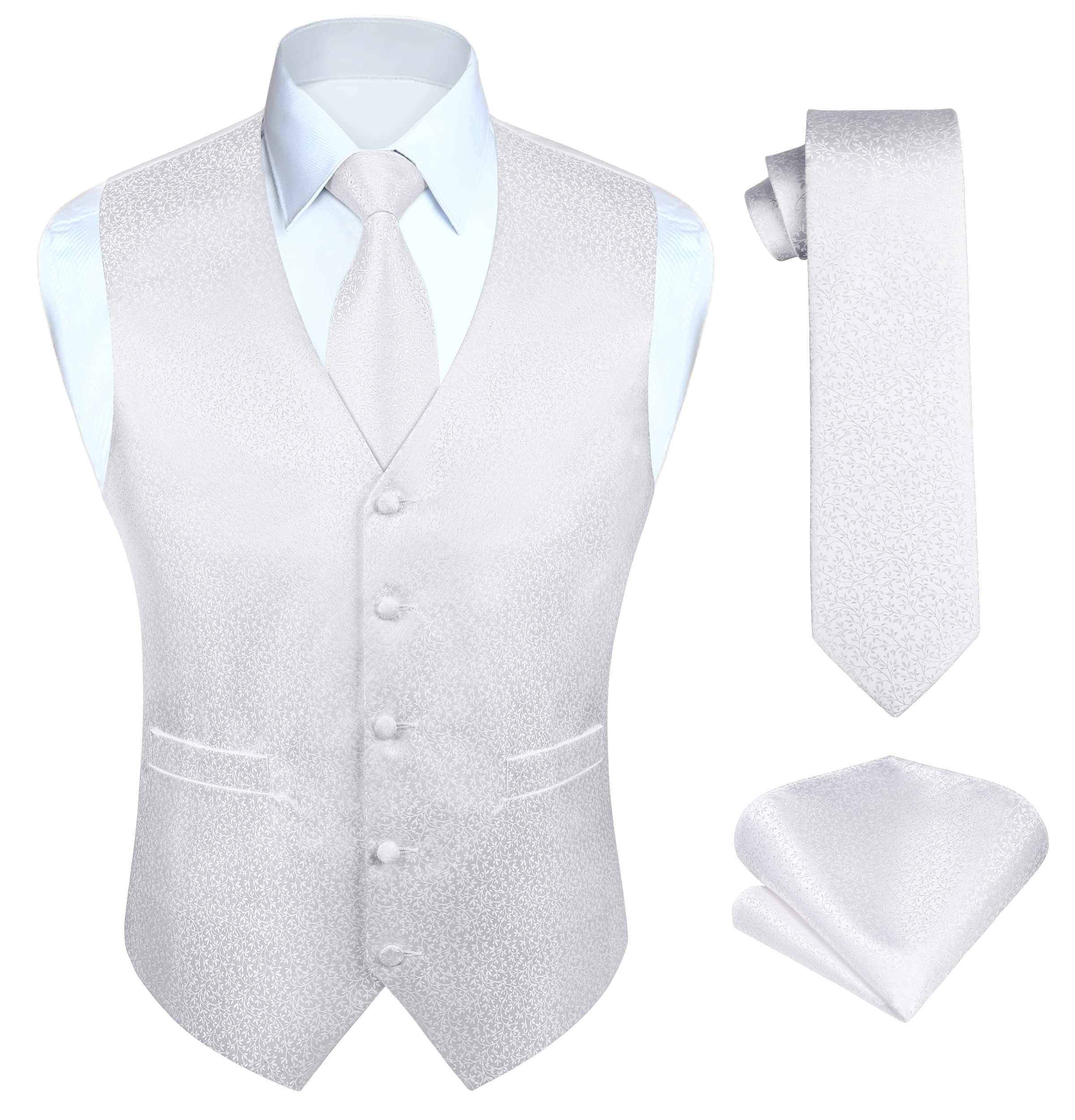 HISDERN Chaleco y corbata de jacquard floral paisley clasico para hombre y traje de chaleco cuadrado de bolsillo