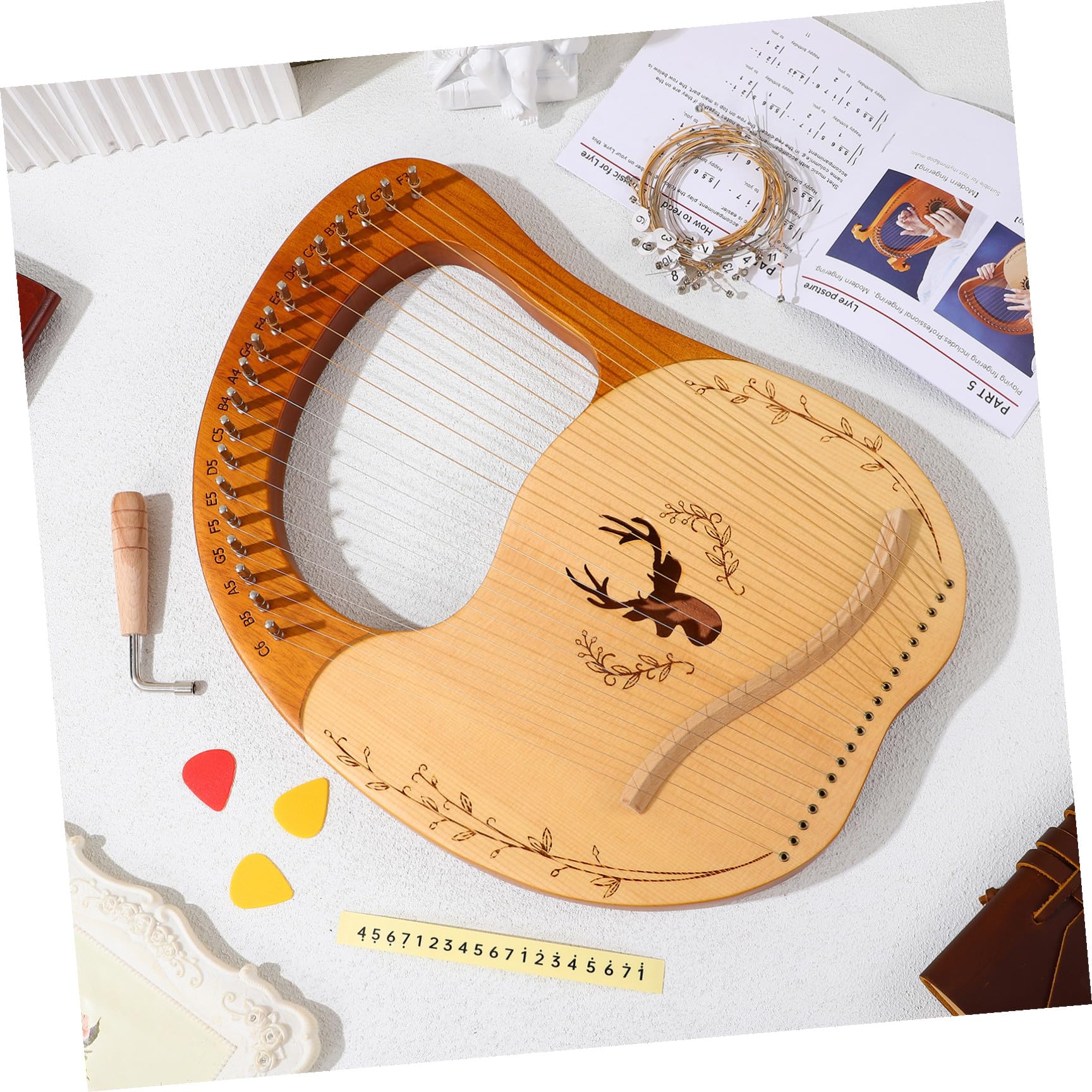 Set di Lira Portatile e Borsa in Poliestere Chiave di Accordatura in Legno con 19 Corde Metalliche con Effetto Fischio Continuo Strumento Musicale per Principianti