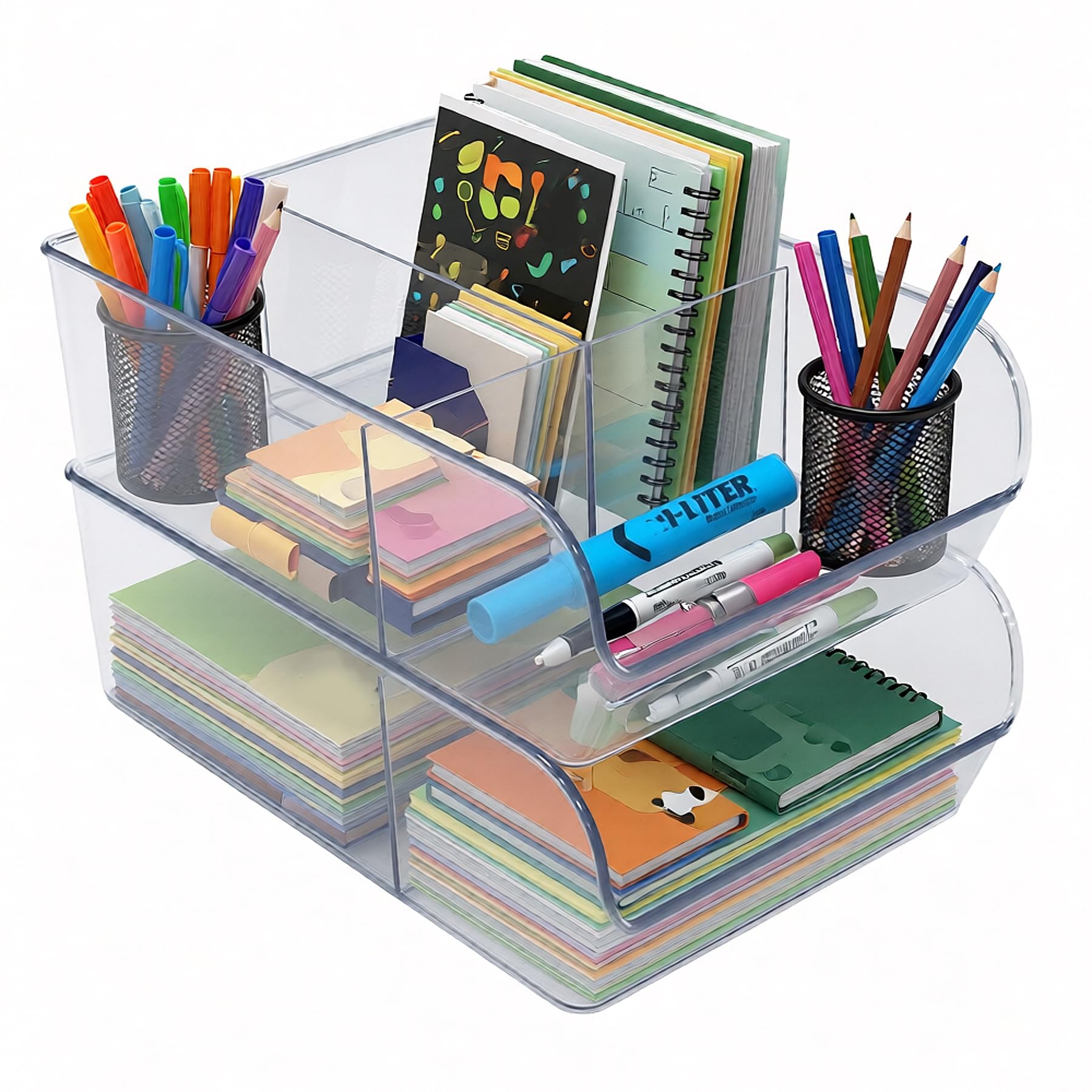 Azar Displays 556752-4PK - Contenedor de almacenamiento transparente con divisores, organizador apilable de múltiples compartimentos para cocina, baño, despensa y oficina, plástico sin BPA (paquete de