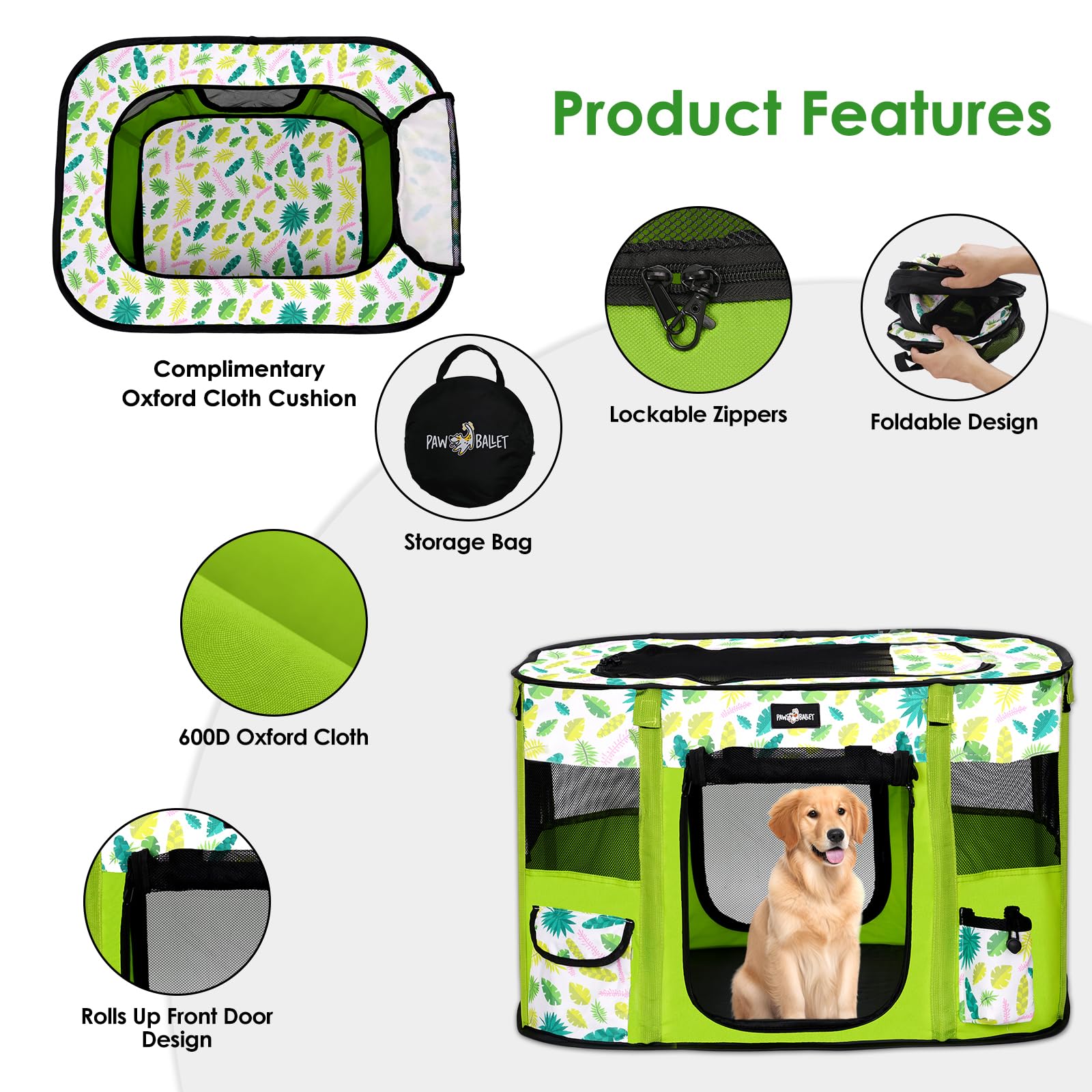 Poskena Foldable Pet Playpen, Green Dog Cage Puppy Pen For Indoor & Outdoor, Dog Tent,(70 * 55 * 45cm) - Image 3