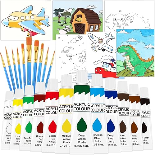 Juego de pintura acrílica de 28 piezas para niños, con lienzo de patrón, suministros de arte con pintura acrílica de 12 colores, pinceles, tablero