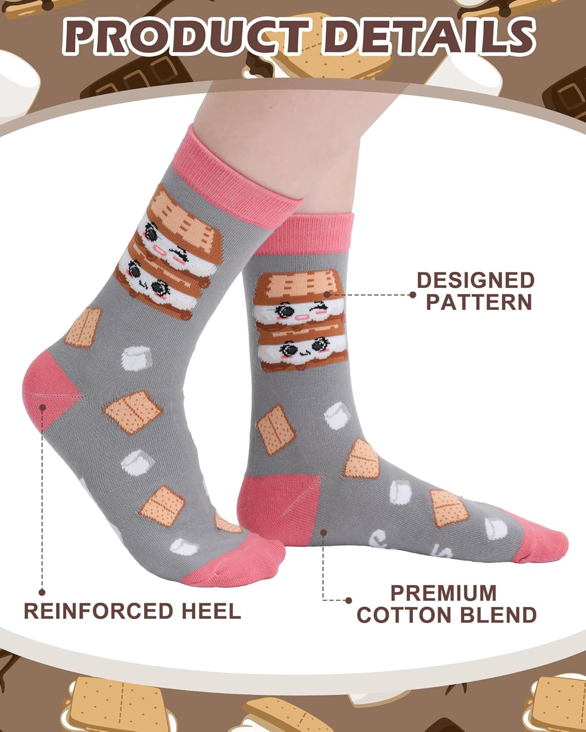 Ramede 6 Pairs S'mores Marshmallow Socks for Women Men Smores Crew Socks with Sweet Cookie Pattern Novelty S'mores Gifts for Birthday Party Favors Hiking and Camping Supplies - Image 5