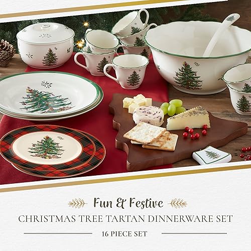 Miniatura 2 de Spode Christmas Tree - Juego de vajilla de tartán de 16 piezas (servicio para 4), vajilla festiva con platos, cuencos, tazas, vajilla de porcelana
