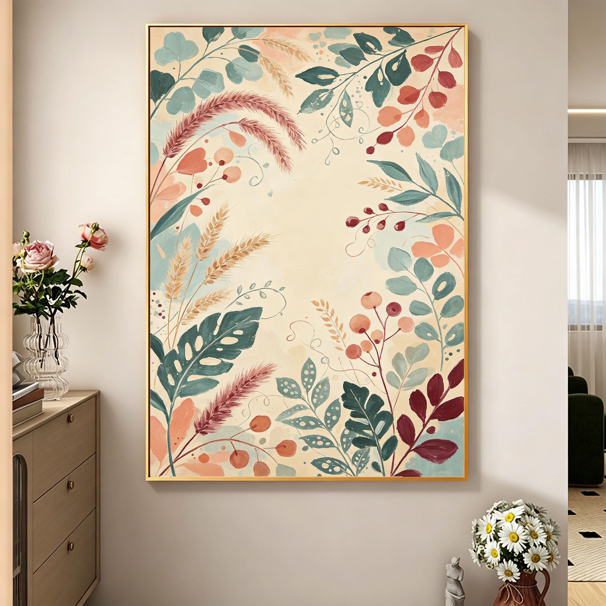 Wandbild Einfaches Blumenmotiv Großes Leinwand Ölgemälde 100% Handgemaltes Blumen Ölgemälde Rahmenlos Ästhetisches Botanisches Kunstwerk Für Wohnzimmer Schlafzimmer 50X70Cm (20X28 Zoll)