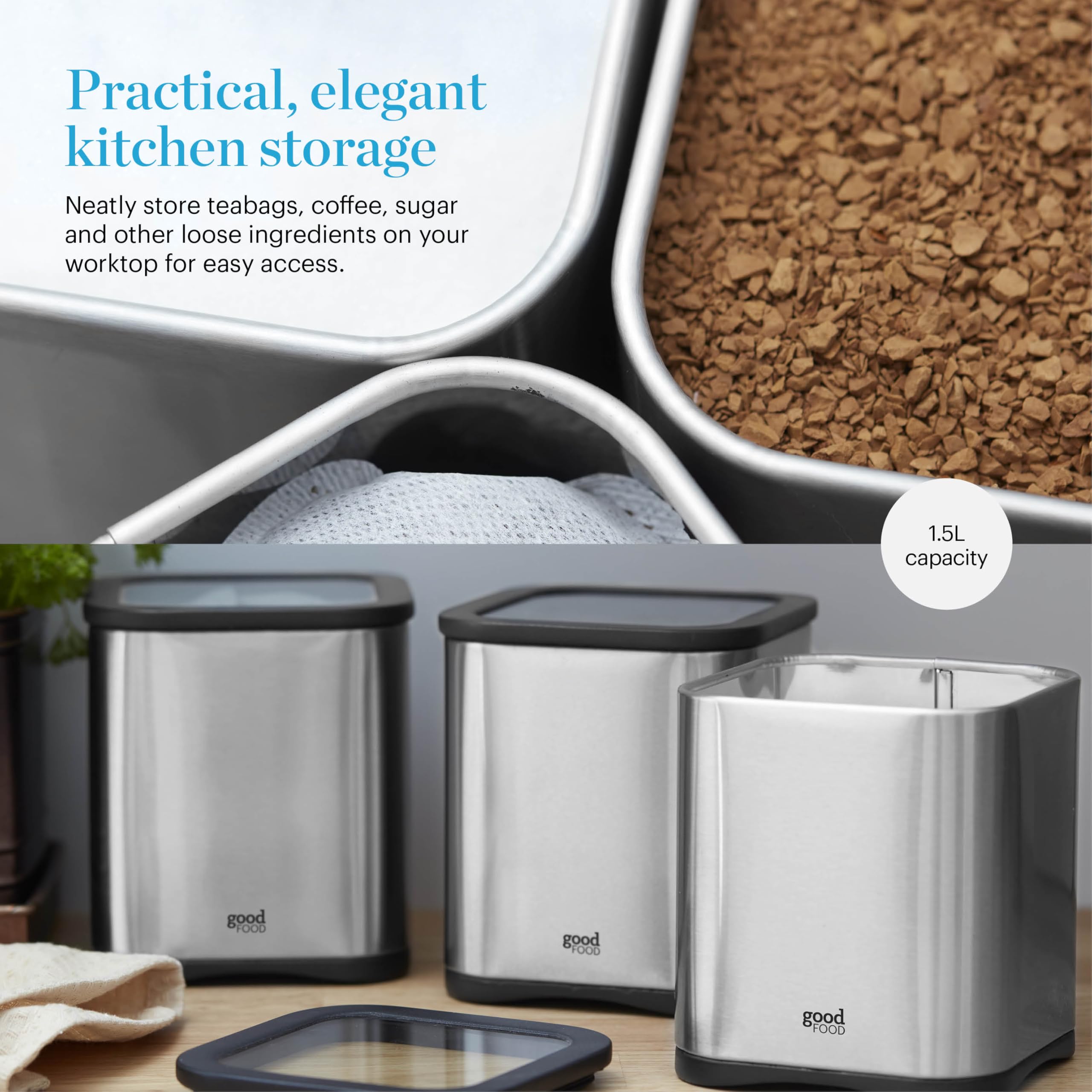 GF826190 Good Food in Partnership with Tower, Vorratsdosen für die Küche, für Tee, Kaffee, Zucker und andere lose Zutaten, mit Spiegel-Finish, 1,5 l, Edelstahl, 3 Stück