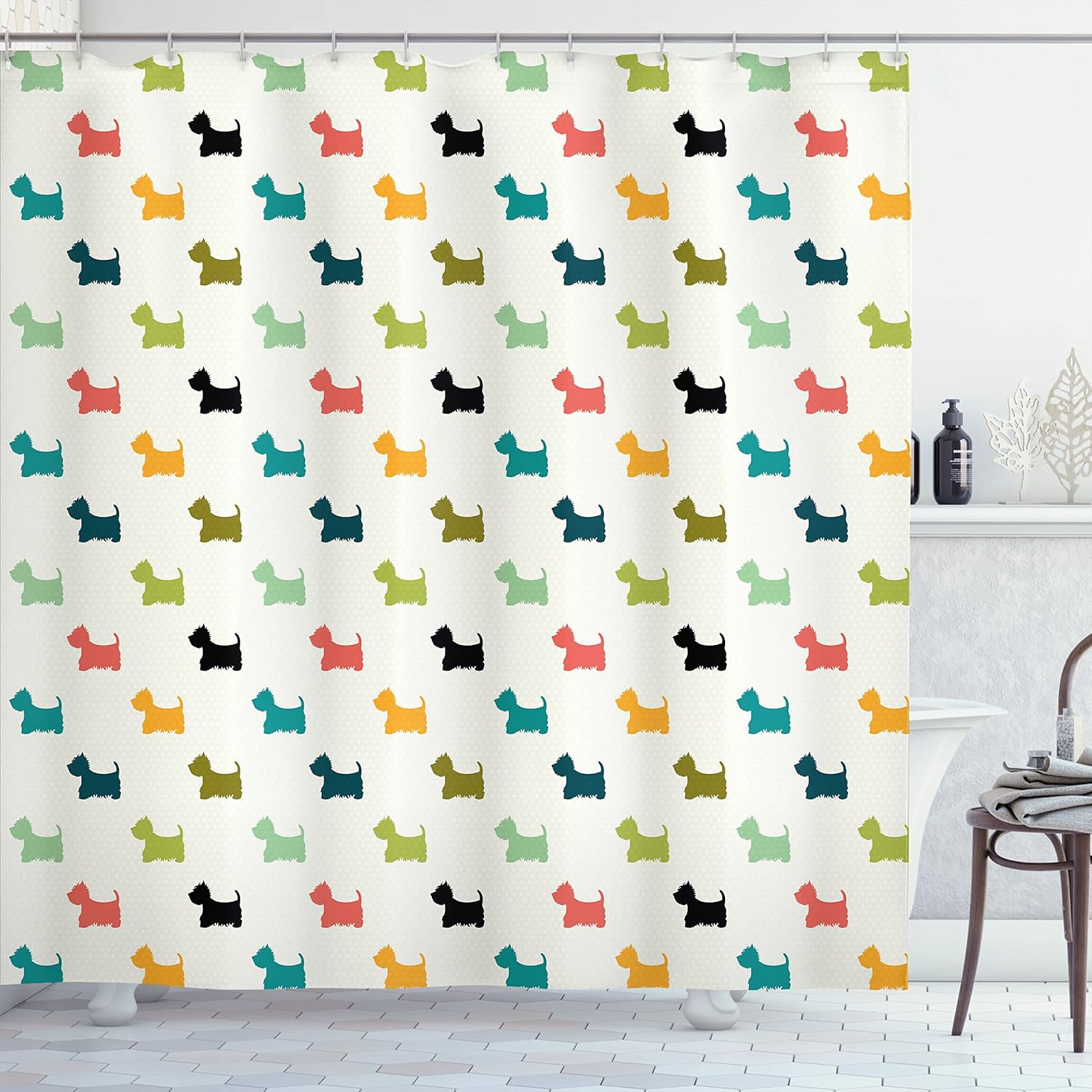 Ambesonne Dog Lover Shower Curtain, Colorful Scottish Terrier Silhouettes Polka Dot Backdrop Purebred Animal Pattern, Cloth Fabric Bathroom Decor Set with Hooks, 69" W x 70" L, Eggshell Green