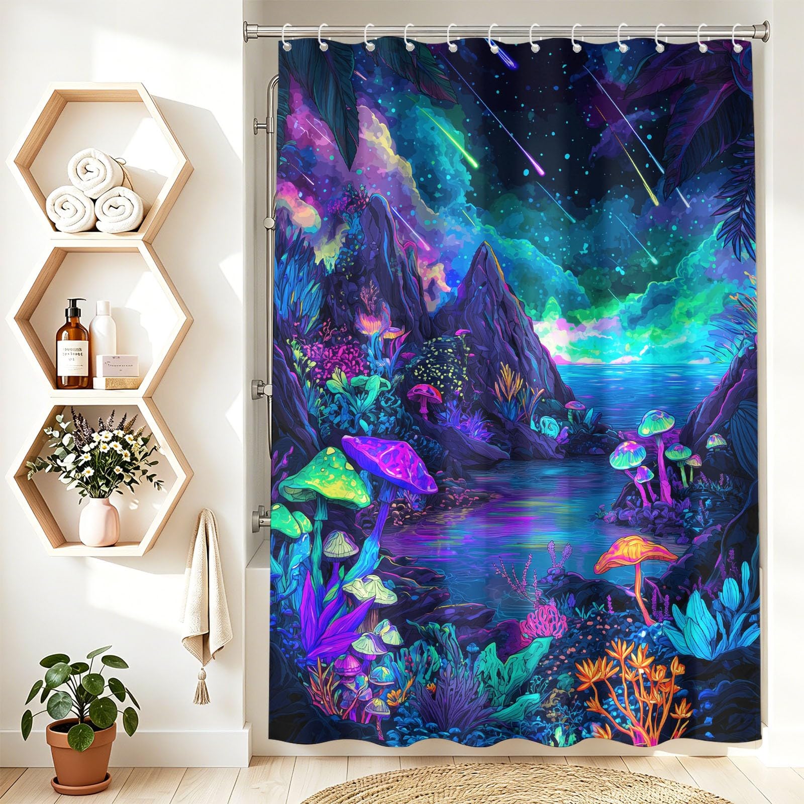 Générique Fancy Paesaggio - Tenda da doccia da sogno a fungo, cielo stellato, in tessuto in microfibra anti-muffa, impermeabile, per bagno, 120 x 200 cm, con ganci