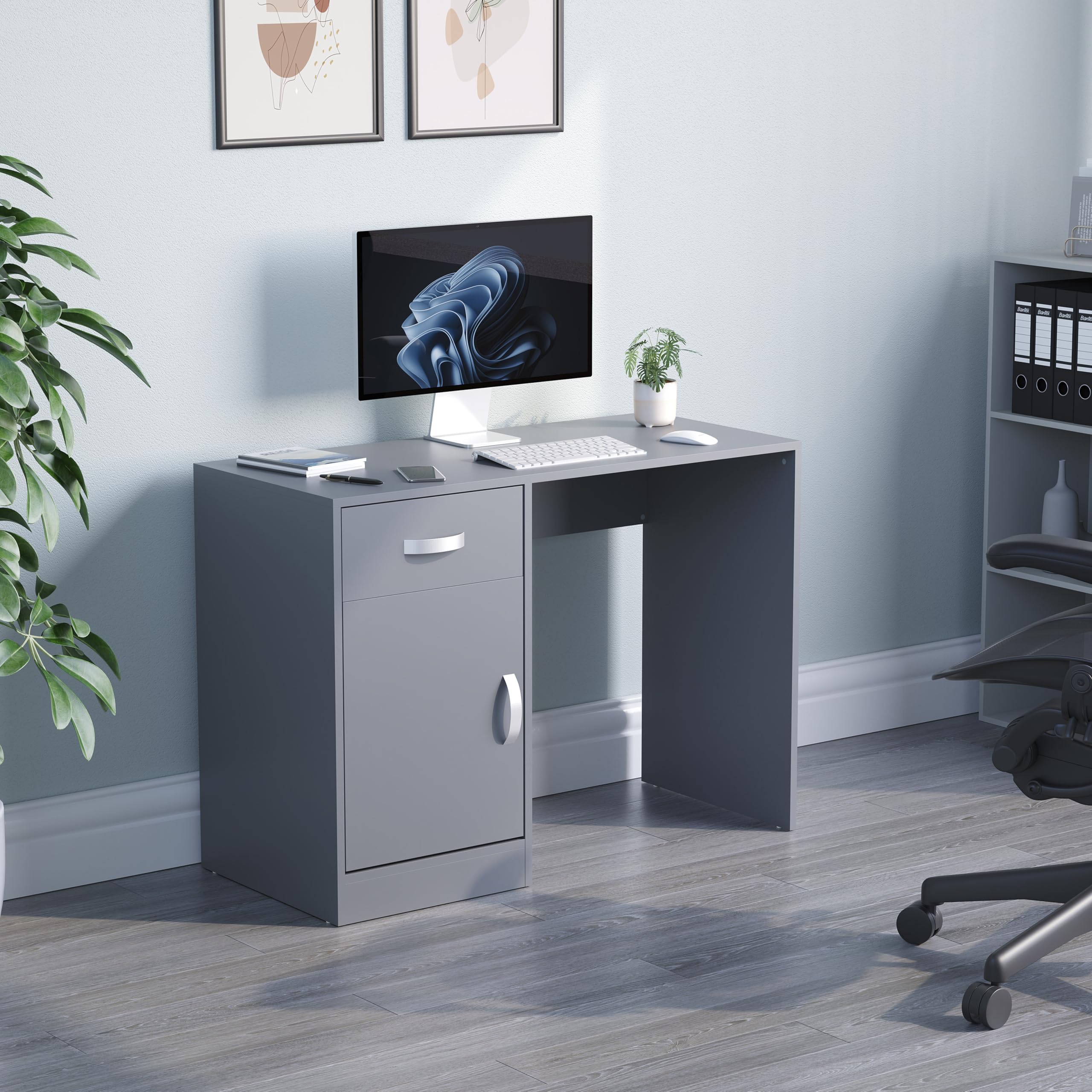 Vida Designs Hudson Computer Desk with Drawer and Door, Home Office PC/Laptop Table, Gaming Study Workstation Storage Cupboard Furniture, Grey