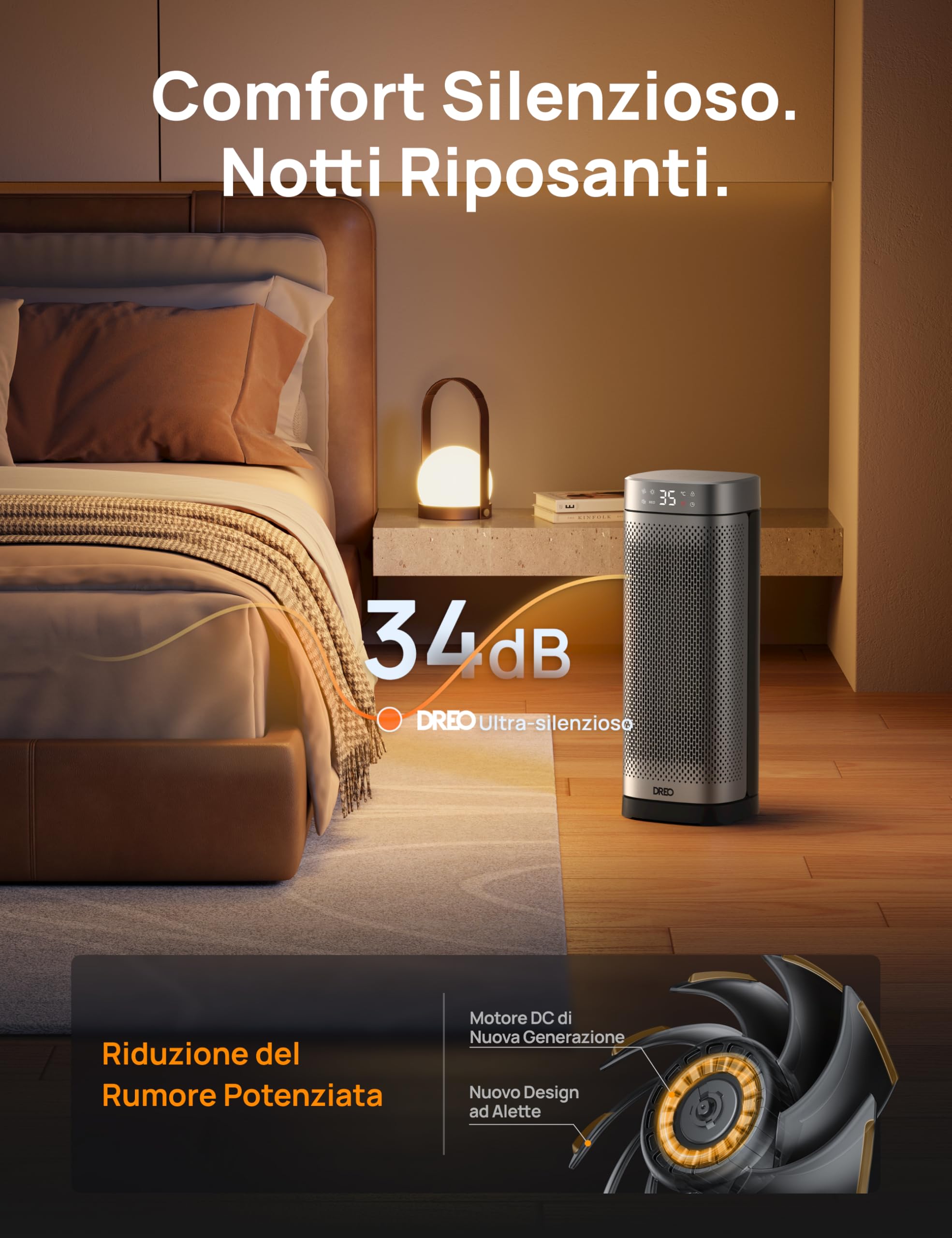 DREO Termoventilatore in ceramica da 2000 W, silenzioso e a risparmio energetico con termostato, timer 12 ore, 3 modalità, oscillazione 70°, riscaldatore elettrico da 16 pollici per ambienti