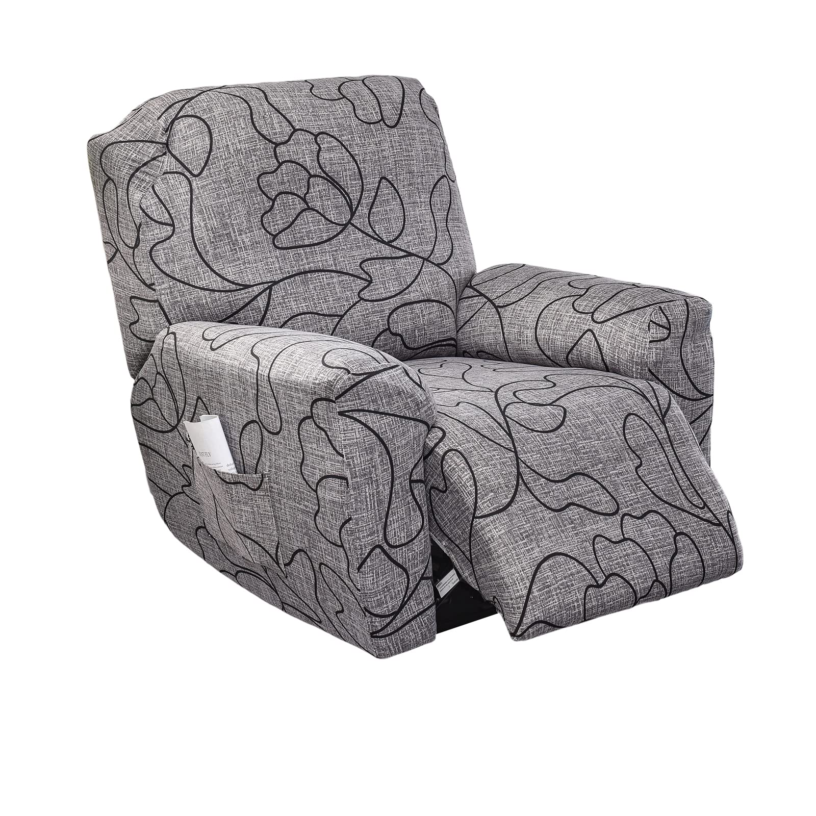 CRFATOP Floral Printed Recliner Cover with Pockets Single Reclining Slipcover 4-Pieces Lazy Boy Recliner Armchair Cover with Elastic Bottom for