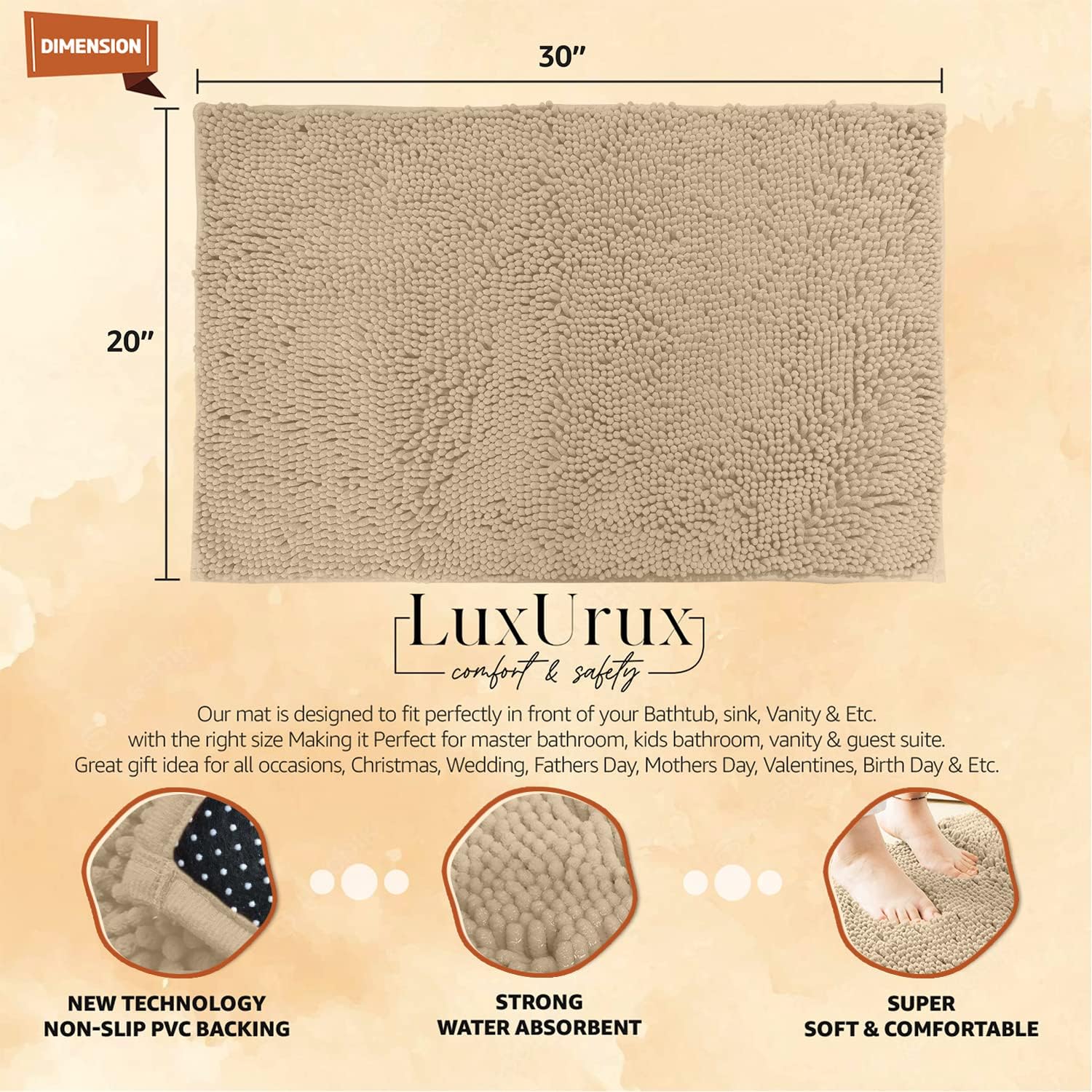 LuxUrux Bath Mat-Extra-Soft Plush Bath Bathroom Rug,1'' Chenille Material, Super Absorbent Shaggy Bath Rug. Machine Wash & Dry (20 x 30, Birch)