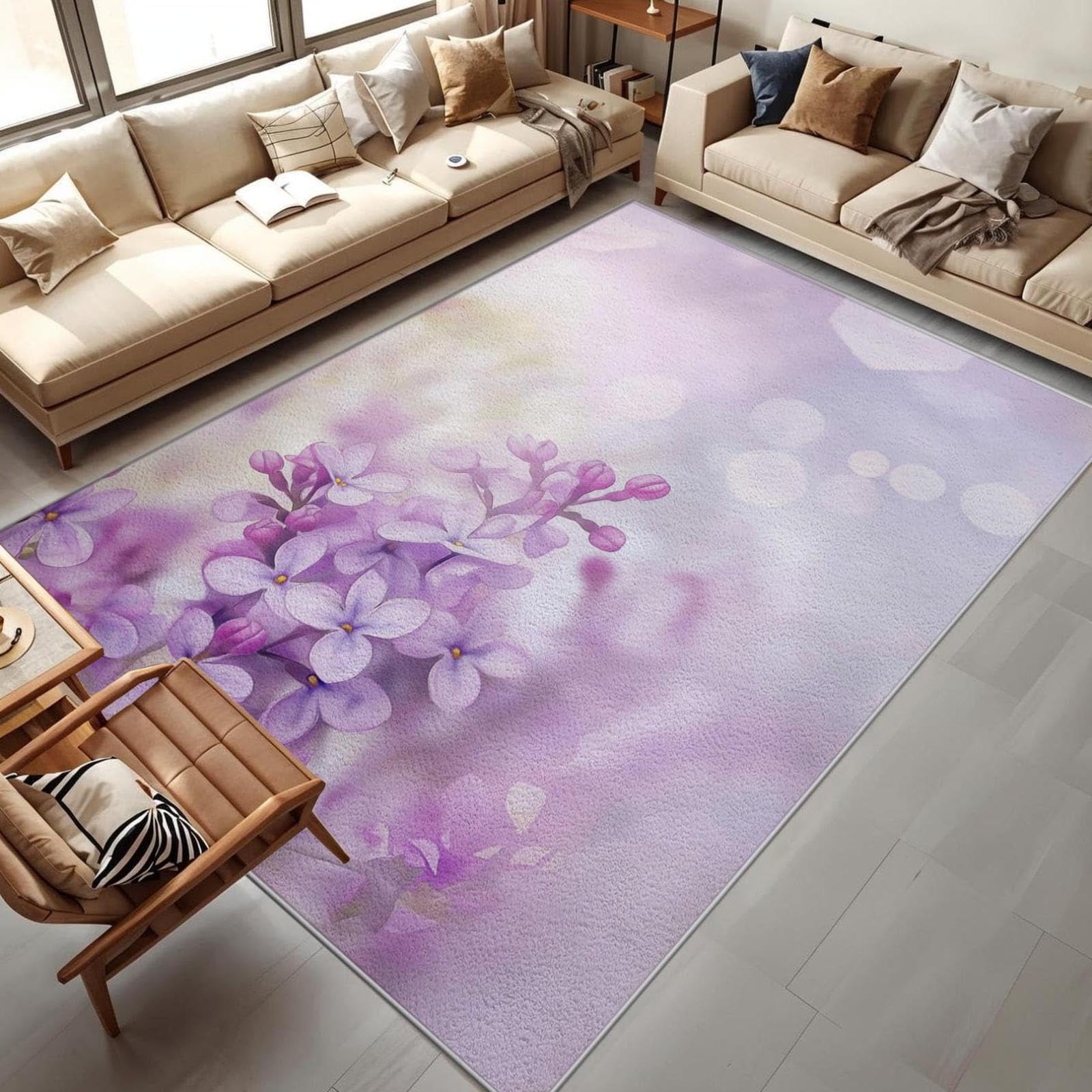 Tapis doux lavable pour chambre enfant fille motif fleurs violet 120x160