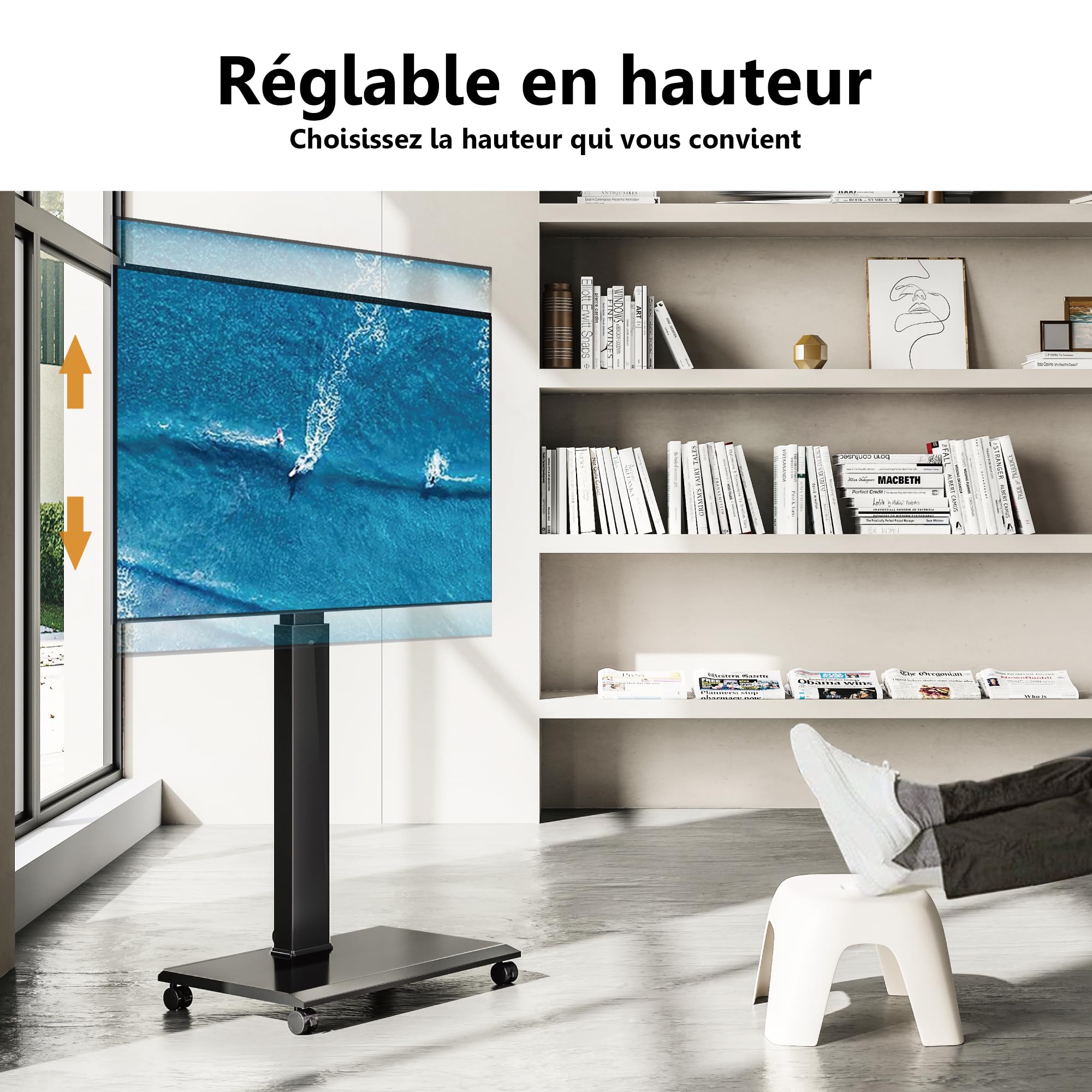 FITUEYES Support TV roulettes en Fer 32-75 Pouces Rotation 90°-Support TV Pied Pivotant 40° et 7 Réglages en Hauteur jusqu'à 40 kg-Max VESA 600x400 mm