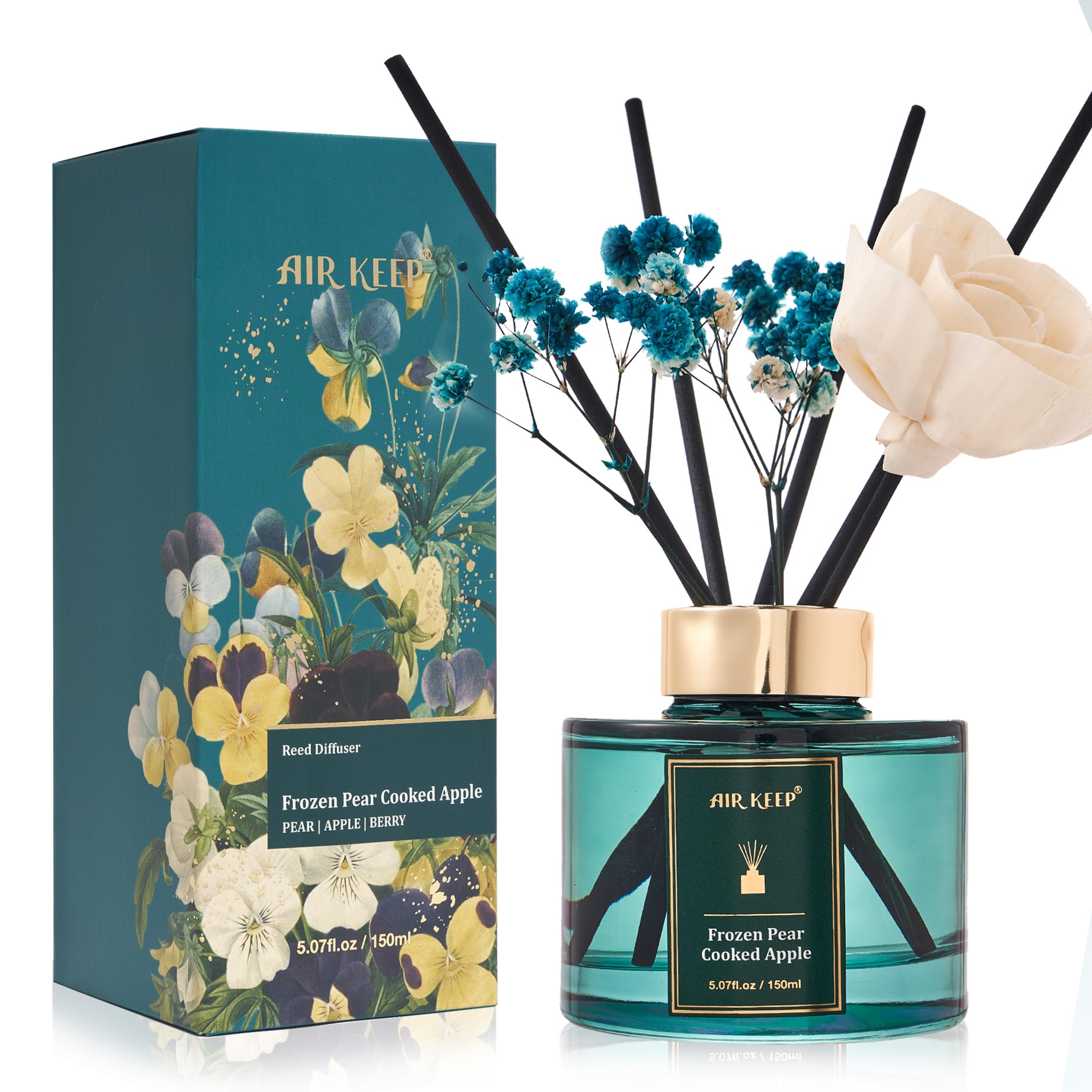 Airkeep Flower Reed Diffusers Set, 5.07 oz Pear/Apple/Berry Scented Oil Diffuser with 8 Reed Sticks, Home Fragrance Diffuser Gift Set for Bathroom & Office Decor 150ml