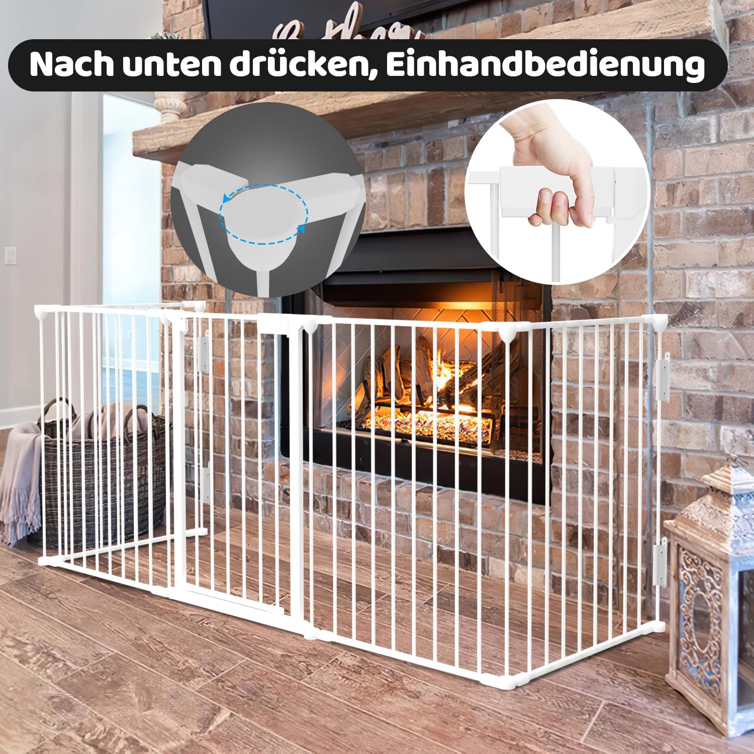 Kaminschutzgitter 310cm Metall, Ofenschutzgitter, Kinderschutzgitter 5-teilig, Absperrgitter mit Türschloss, Treppenschutzgitter für Kinder und Haustiere-Sicherung, je 65 x 75 cm(Weiß)