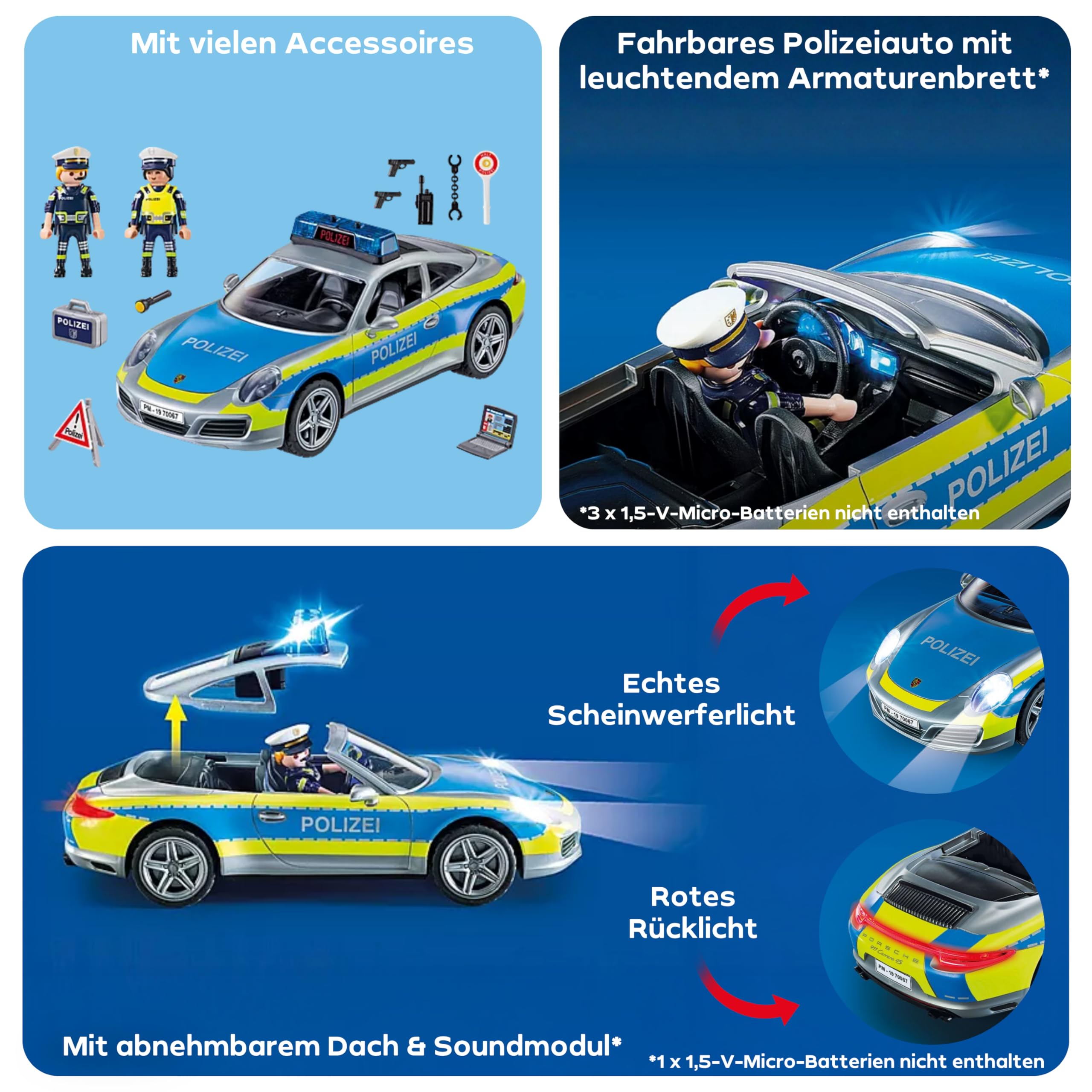 PLAYMOBIL | Cars | Porsche 911 Carrera 4S | Polizei mit Polizei-Licht und Sound | Empfohlen ab 4 Jahren | 70067
