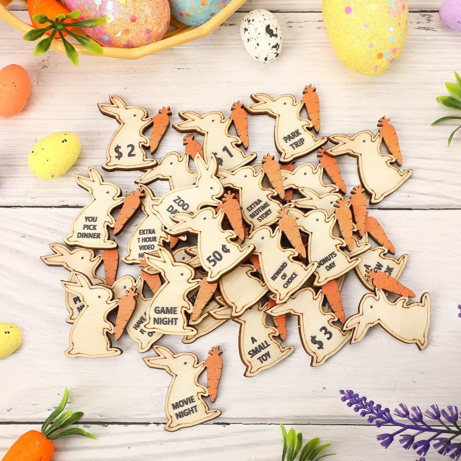 Easter Egg Fillers, Bunny Reward Tokens for Boys and Girls, 30 Wood Easter Prizes Coins, Cute Bunny & Carrot Design, Candy Alternative Egg Hunt Stuffers, Family Reward Activity Game