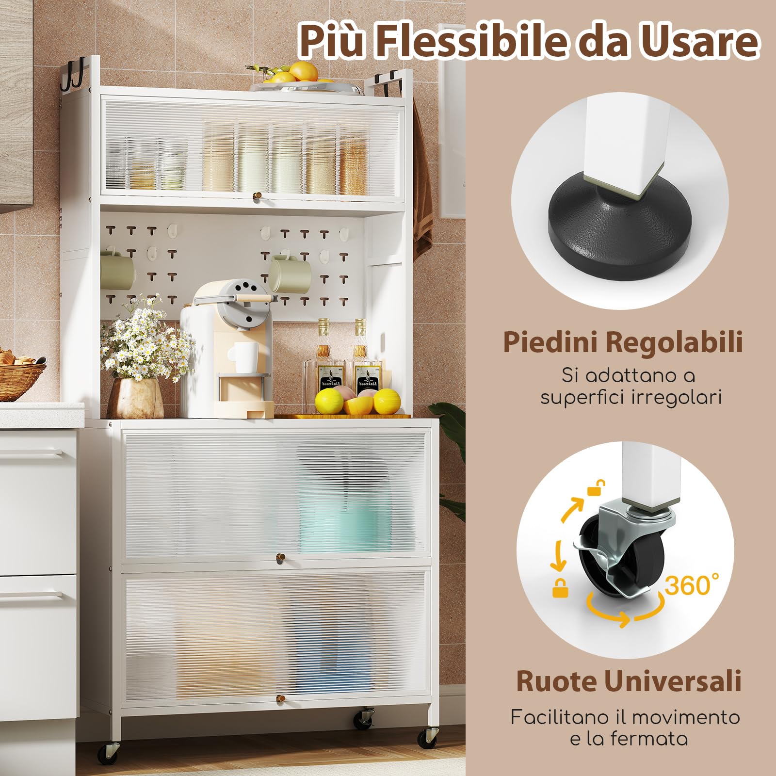 RELAX4LIFE Scaffale da Cucina con 5 Ripiani, Armadio con Ruote, Porte a Battente, Ganci Superiori e Pannello con Perforazioni, Mobile Multifunzionale per Cucina, Sala da Pranzo (Bianco)