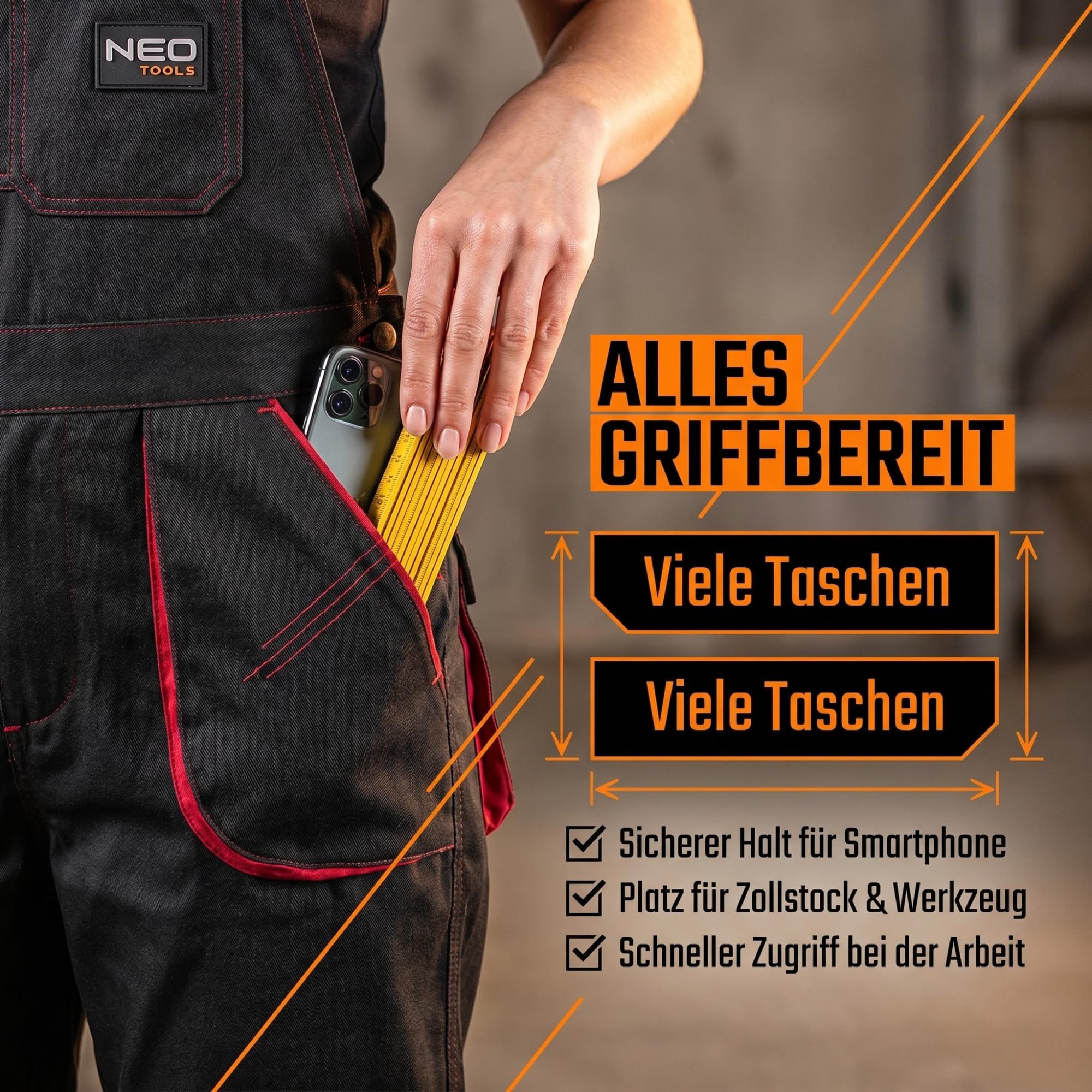 NEO TOOLS Damen Arbeitslatzhose oder SET mit Jacke und Latzhose Gr. S - XXL | modisches Design, Damen Arbeithose mit elastischen Träger, Veile Taschen, verstärkte