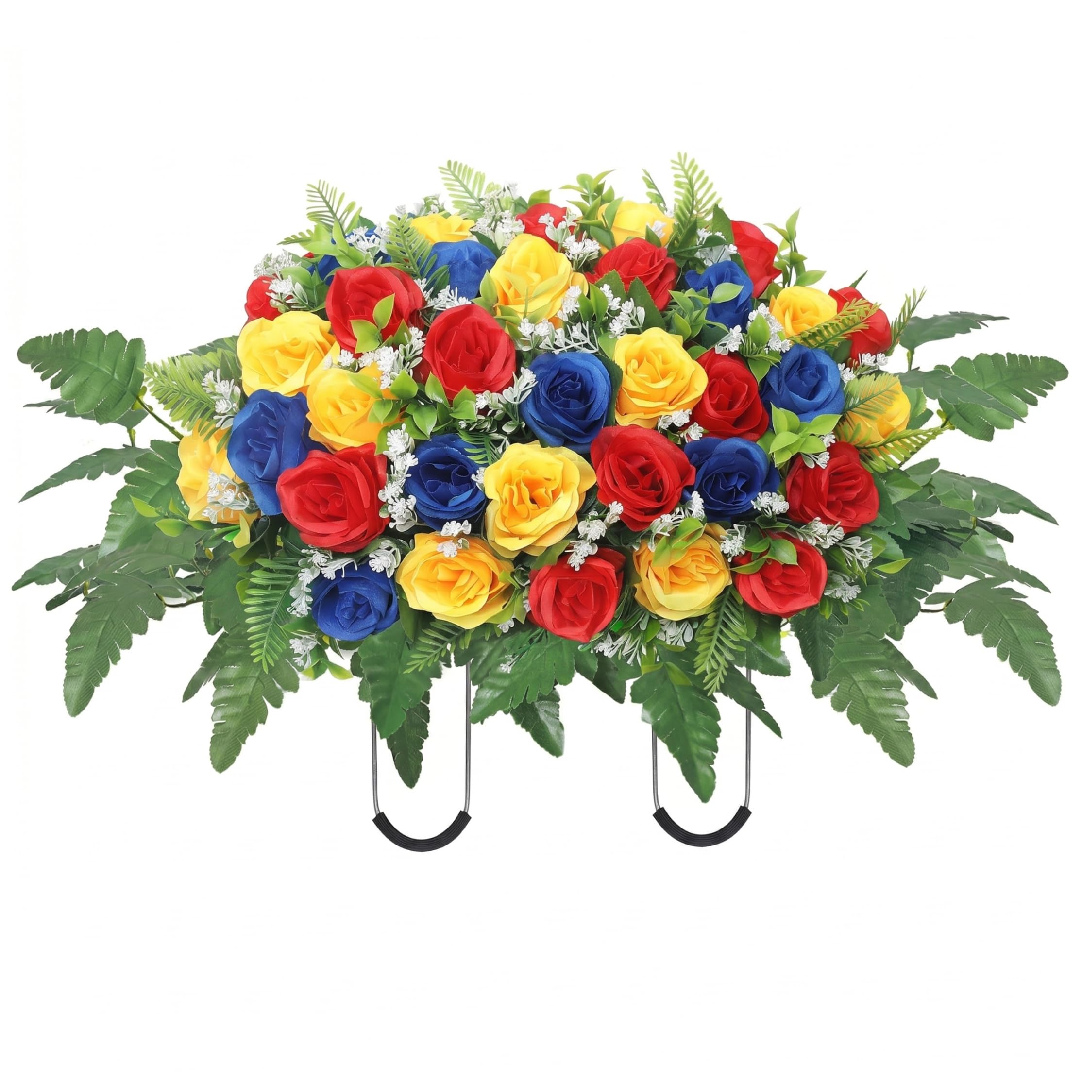 Neptuiby Headstone Flower Saddle Artificial Vivid Cemetery Flowers for Grave Weather Proof Memorial Floral Decor for Headstones 25x14 inch Red Yellow Blue.