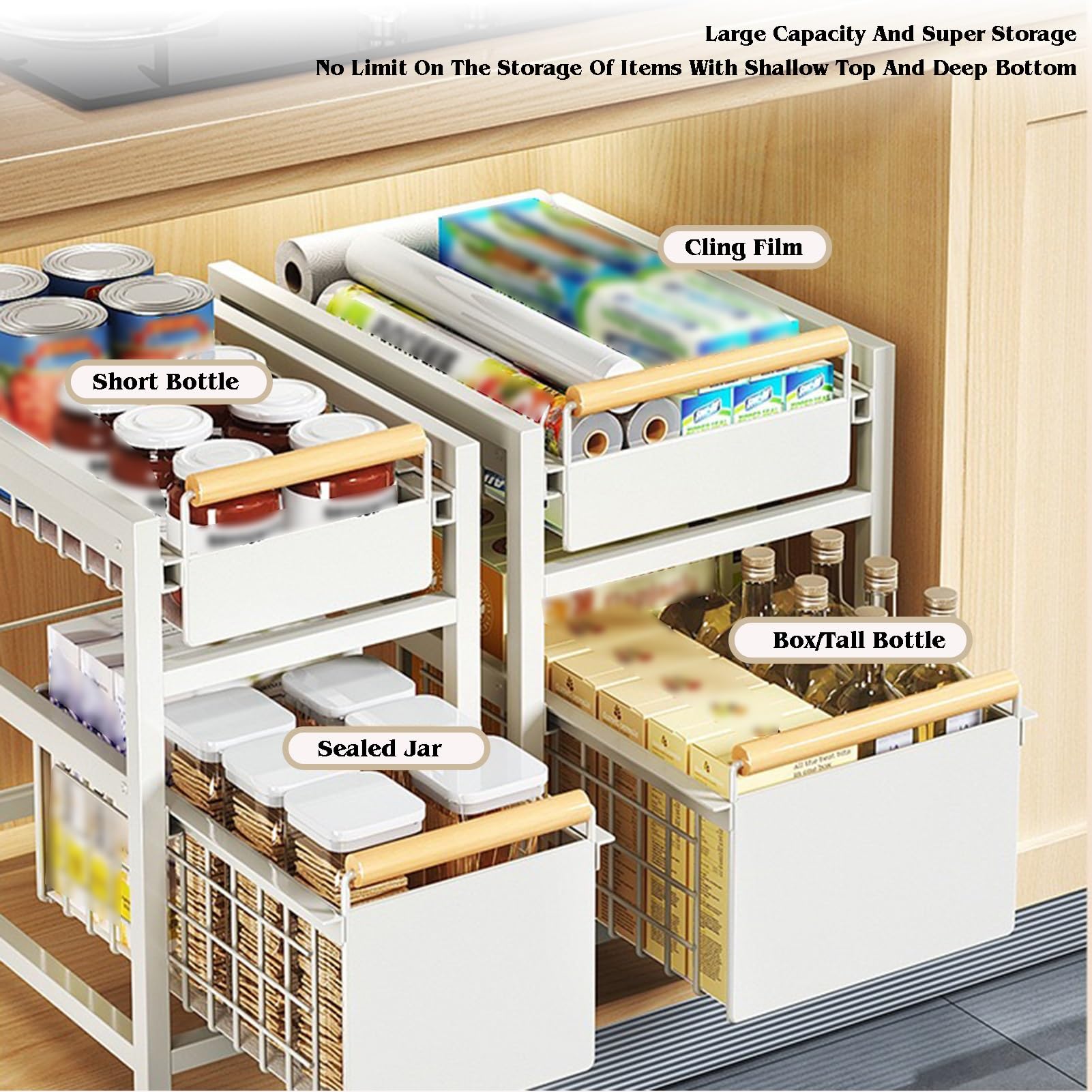 Organizador deslizante de gabinete con cesta de condimentos de 2 niveles, cajón extraíble para despensa, baño, construcción de acero al carbono resistente, color gris (15.4 x 9.6 x 16.5 pulgadas)