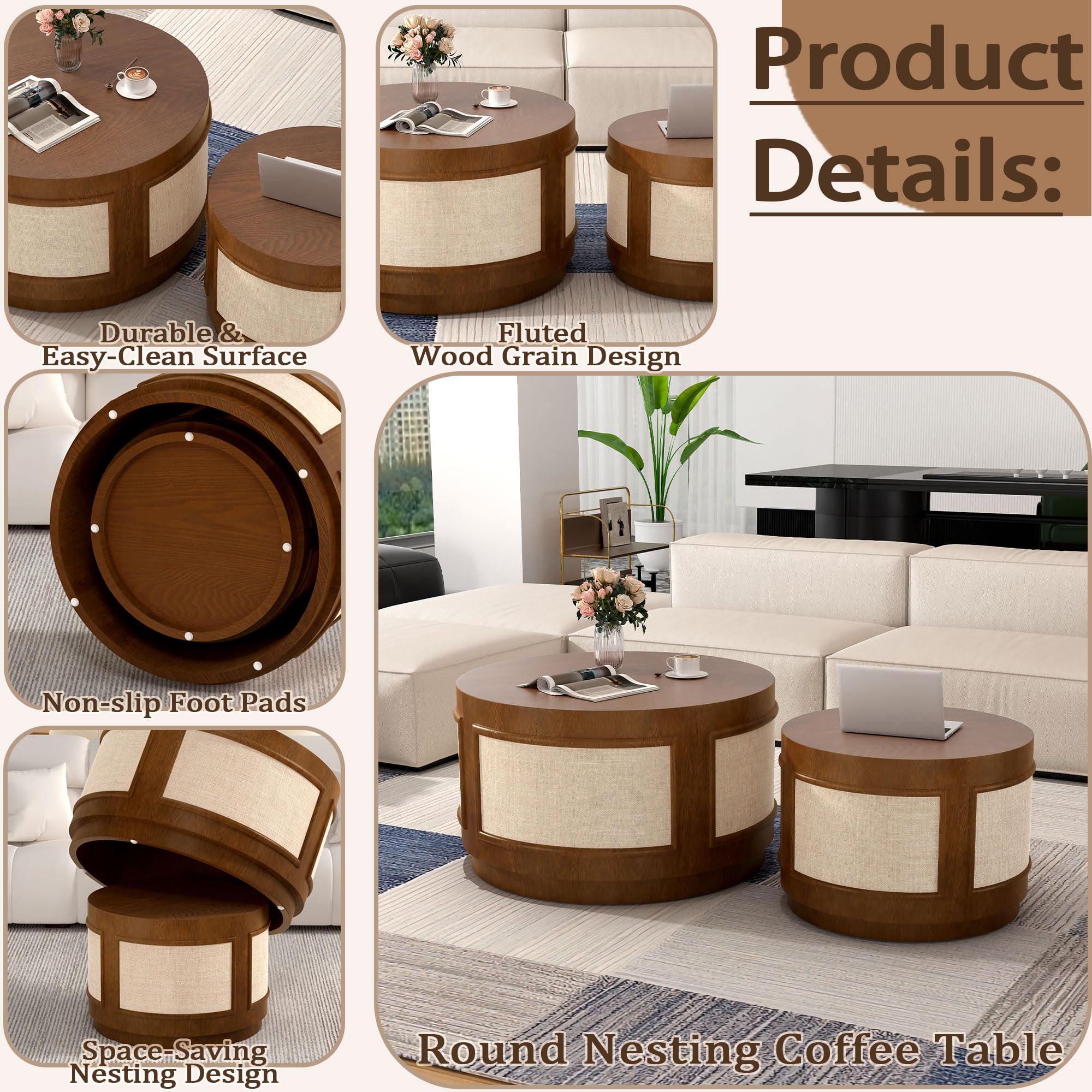 Modern Round Nesting Coffee Table Set, Round Mid-Century Coffee Table with Fabric Accent, Circle Drum Center Table for Apartment Small Space, Easy Assembly