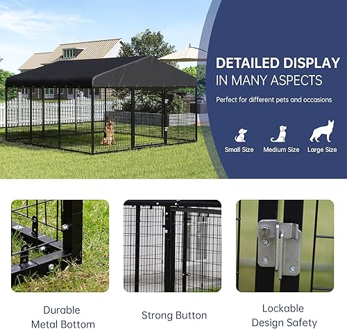 Miniatura 3 de Perrera para Perros de Exterior de 118" x 118" de Acero, Cerca Ideal para Perros MedianosPequeños, Jaula con Revestimiento Antioxidante con Techo