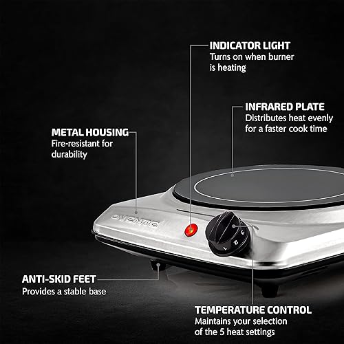 Miniatura 10 de Ovente - Quemador eléctrico doble infrarrojo de 65 y 7 pulgadas placa de cocina de vidrio de cerámica con control de temperatura de 5 niveles y base