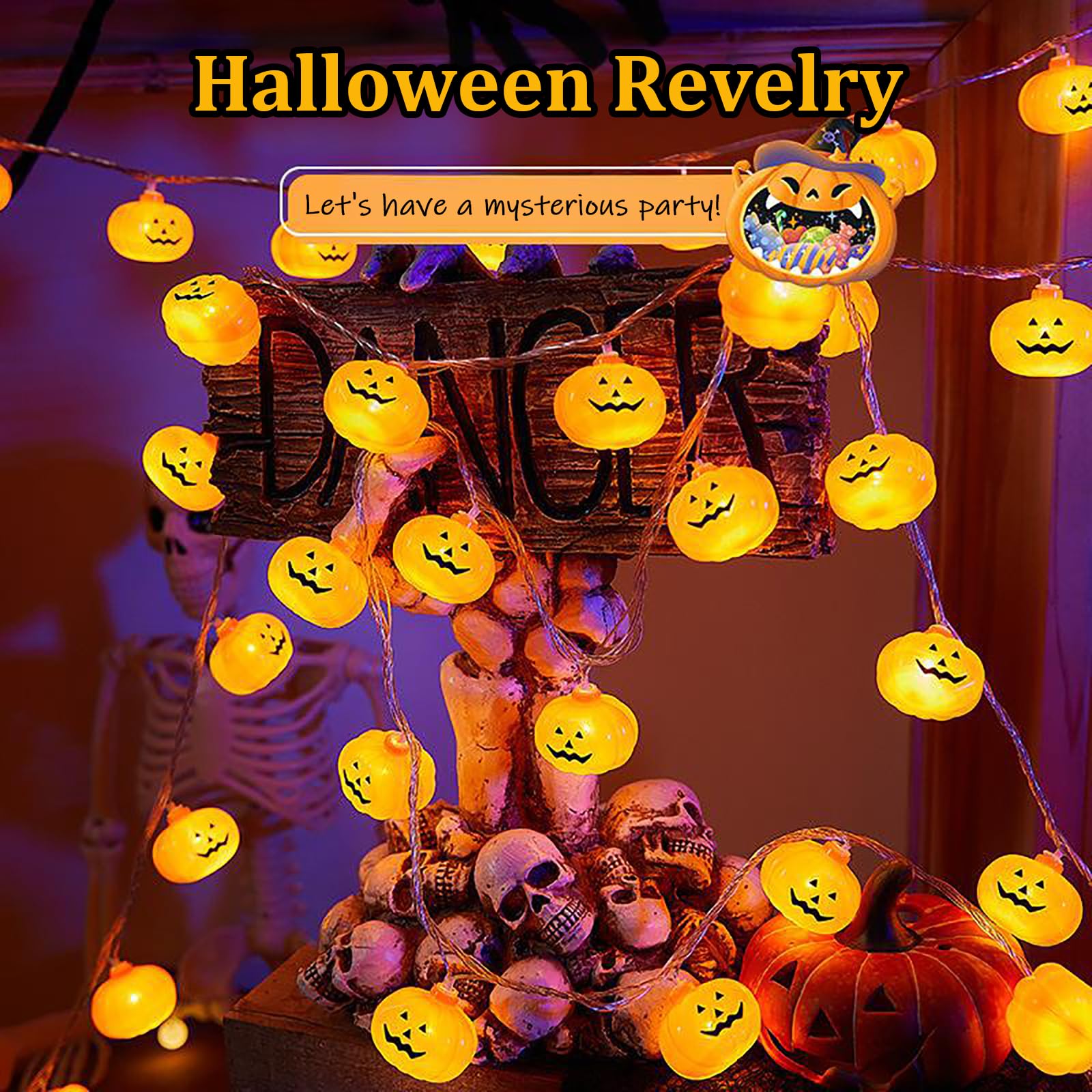 Halloween-Kürbis-Lichterkette, 20/40 LEDs, Outdoor-Lichterkette, 3,4 m, Urlaubsdekoration, Batterie/USB, 2 Modi, Dauerlicht/Blinken, für Veranda, Fenster, Garten, Terrasse, Party (1,5 m 10
