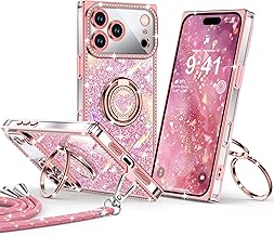 XYZ for iPhone 17 Pro Max Case, Glitter Bling Phone Cover with 2-Ring Heart Stand & Lanyard, Women Girls Luxury Rhinestone Shockproof Protective Case for iPhone 17 Pro Max, Pink