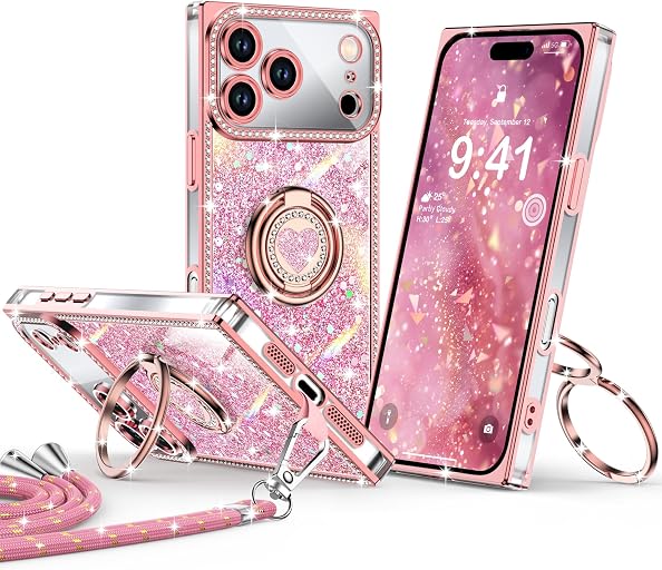 XYZ for iPhone 17 Pro Max Case, Glitter Bling Phone Cover with 2-Ring Heart Stand & Lanyard, Women Girls Luxury Rhinestone Shockproof Protective Case for iPhone 17 Pro Max, Pink