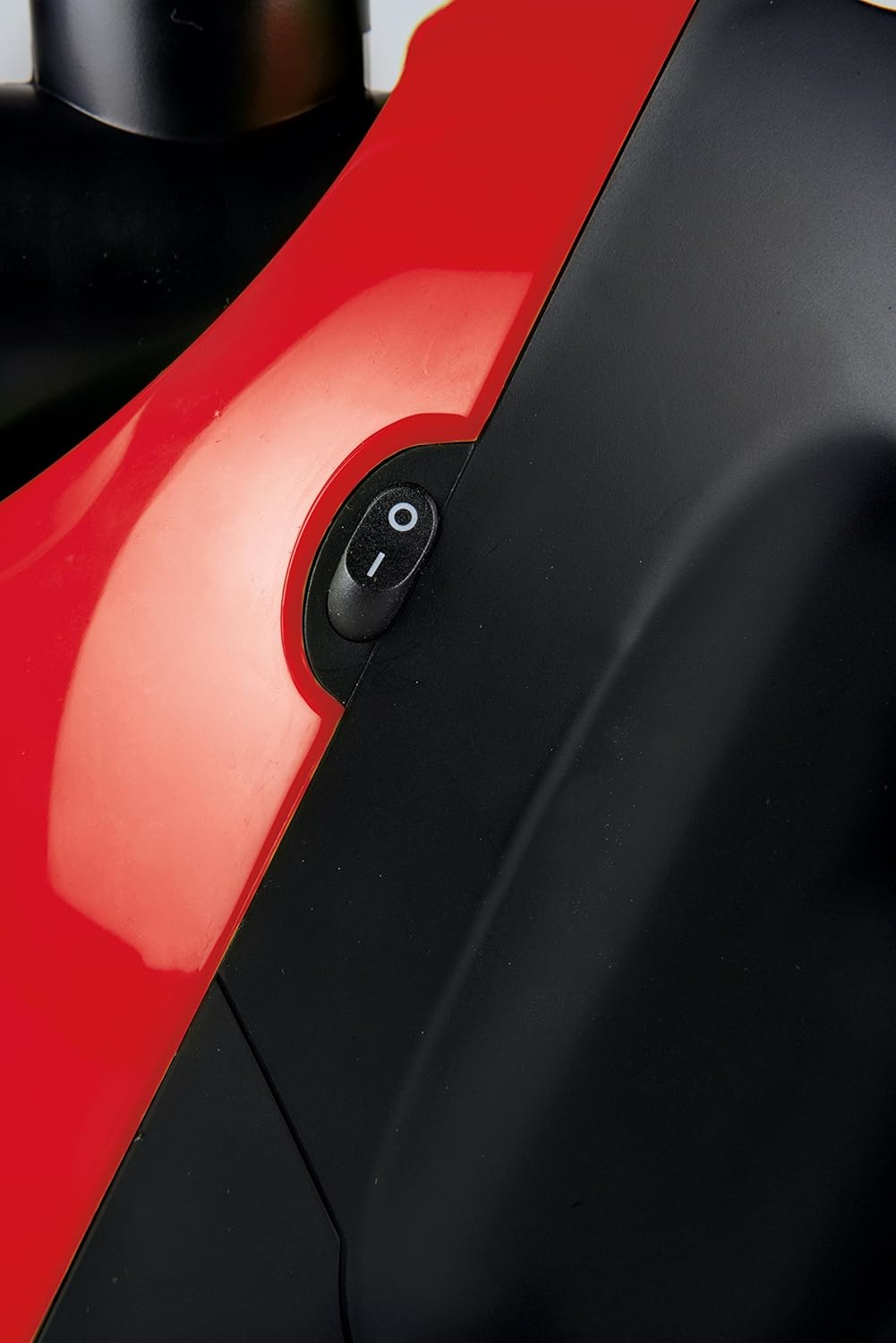 Close-up of the power switch on the side of the red and black sorbet machine, showing it in the 'O' (off) position.
