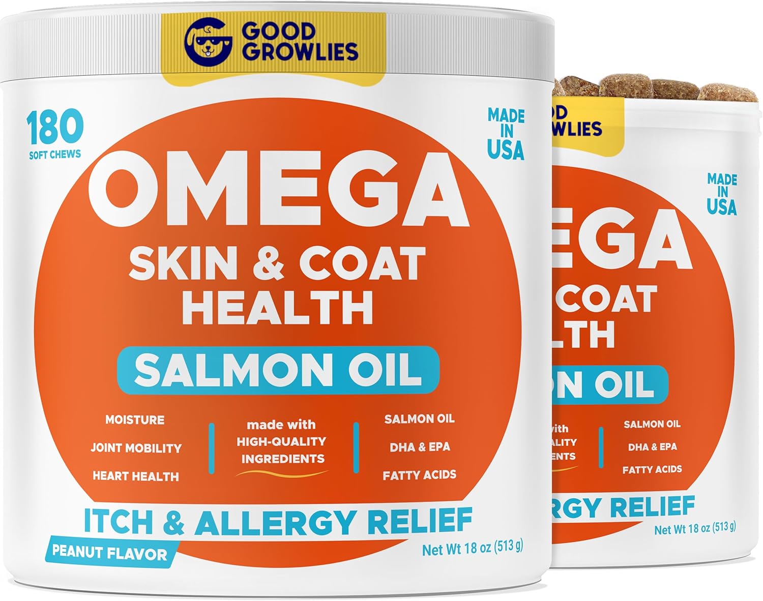 Omega 3 Fish Oil for Dogs (360Ct Peanut) - Skin&Coat Chews - Dry & Itchy Skin Relief + Allergy Support - Shiny Coat - EPA&DHA Fatty Acids - Salmon Oil Chews Promotes Heart Support