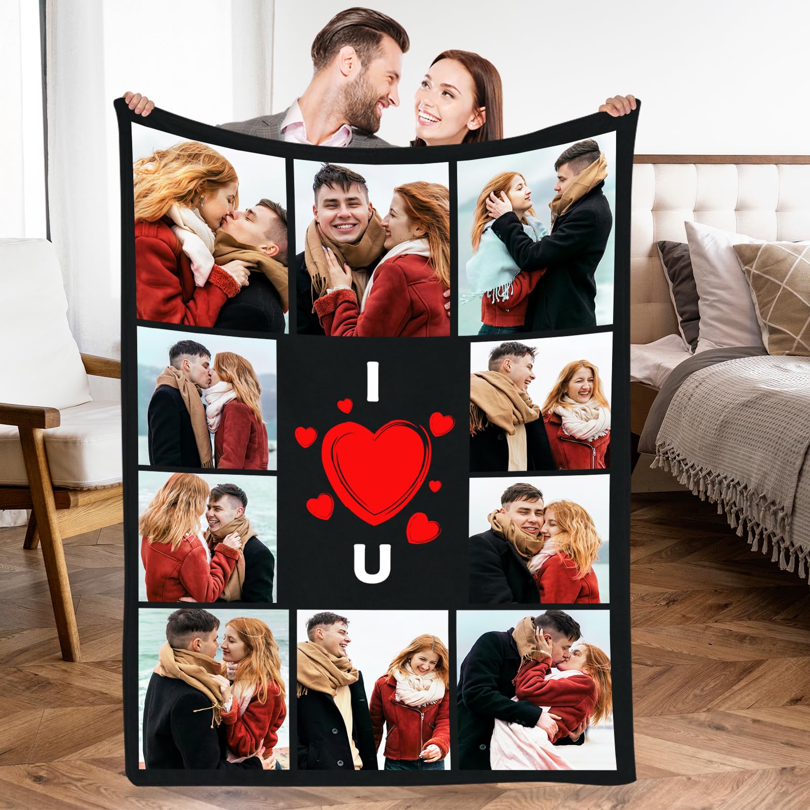 Custom Blanket with Photo Text, Personalized Flannel Throw Blanket, Customized Blanket Using My Own Photos, Birthday Christmas Wedding Gifts for Mom Dad Friends Sister - 4 Size (10 Photo-1)