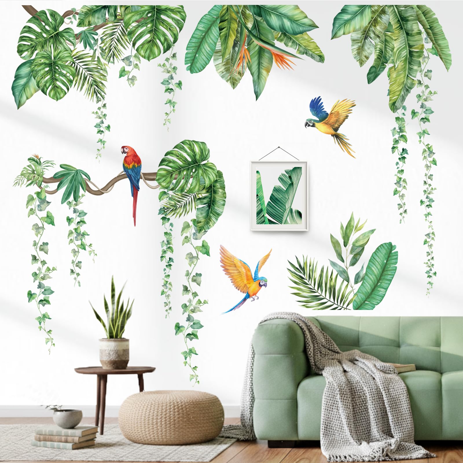 Peelora Tropical Leaves Jungle Wall Stickers Hanging Vines Palm Leaf Plants Wall Decals Living Room Bedroom Tv Background Reusable Self-Adhesive Home Decor Stickers