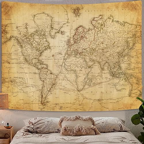 Miniatura 5 de Tapiz de mapa del mundo antiguo, tapiz vintage de distribución geográfica para colgar en la pared, póster educativo marrón del Atlas histórico para