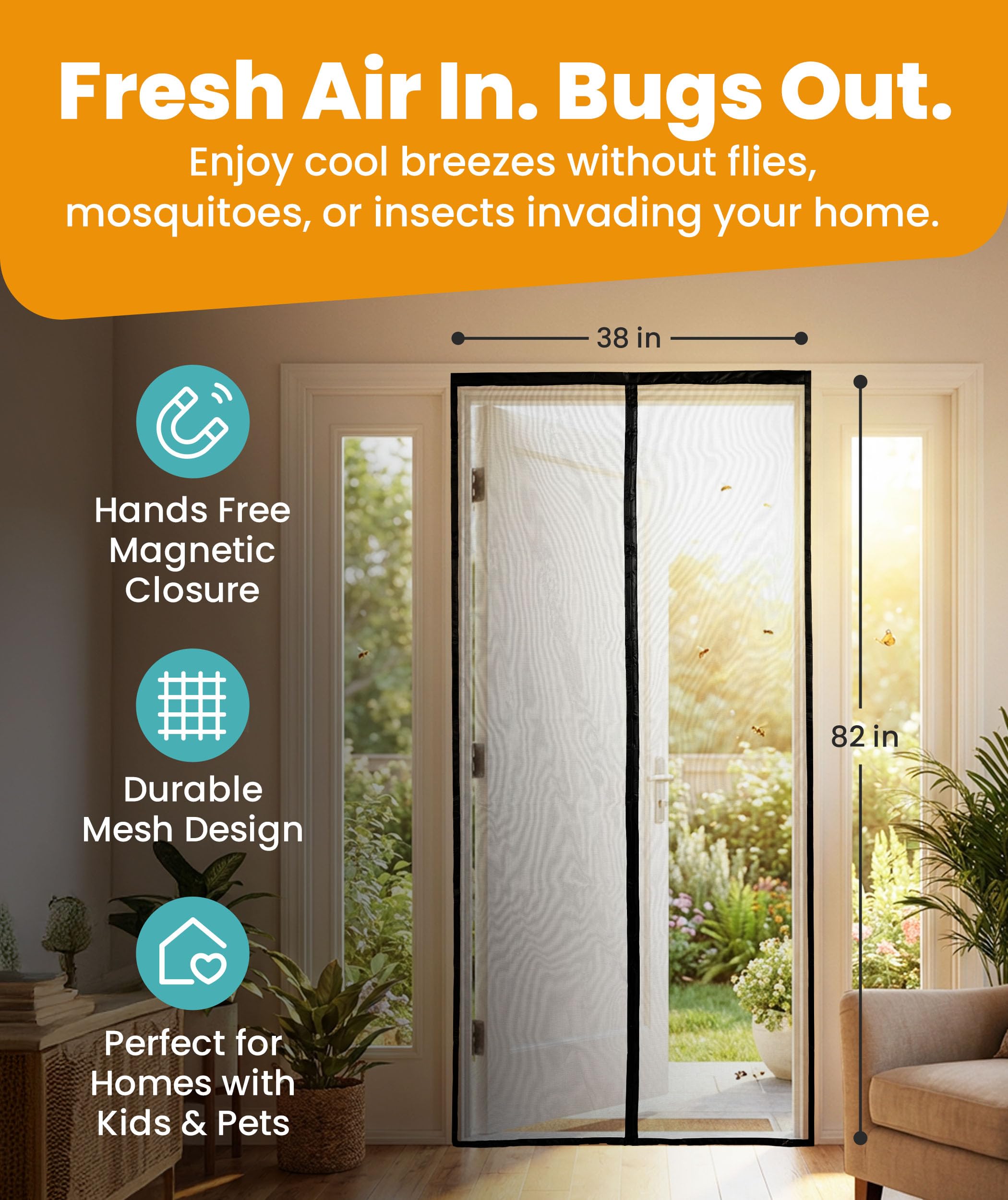 Flux Phenom Magnetic Screen Door - Bugs Out, Breeze in - 9min Install Auto-Sealing Heavy Duty Double Stitched Mesh, 52 Magnets, Hands Free Sliding & Patio Doors Net, Pet & Kid Friendly, 38 x 82 Inch - 3