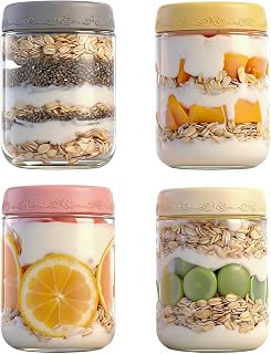 16 OZ 4Pack, Overnight Oats Jars with Lids, Glass Meal Prep Containers, Airtight Mason Jars for Breakfast, Yogurt Parfait, Salad & Smoothies, Leakproof and Reusable Food Storage Jars(4-2)