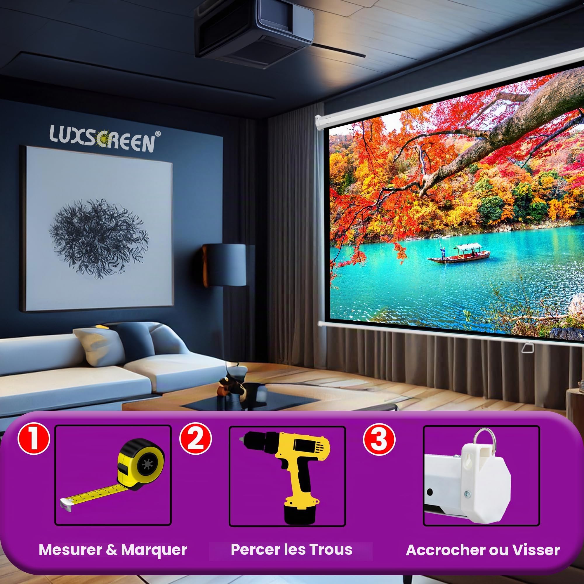 Écran de projection 72" 140 x 105 cm - Surface blanche mate avec un facteur de gain de 1,1 - Bord noir sur tout le pourtour et l'arrière du tissu noir - Home cinéma